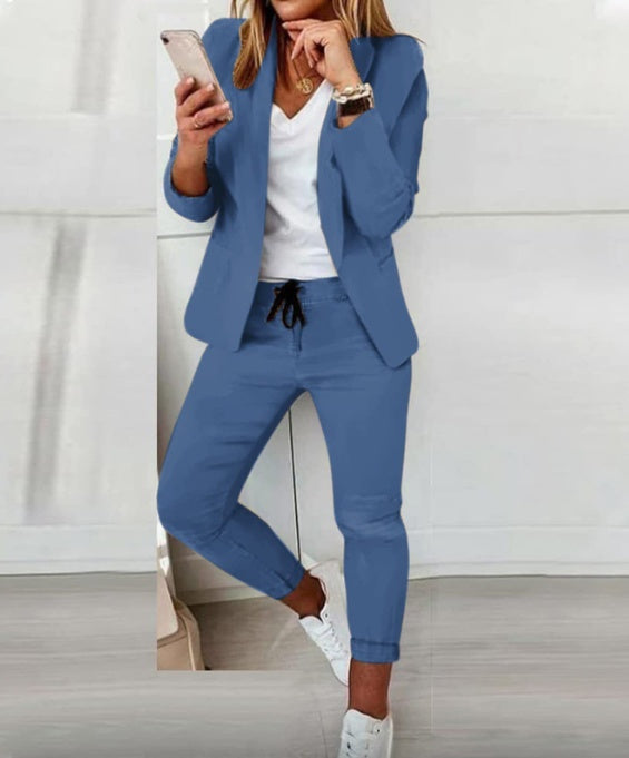 Women's Lapel Blazer & Drawstring Trousers OL Suit – 12 Colors XS–3XL