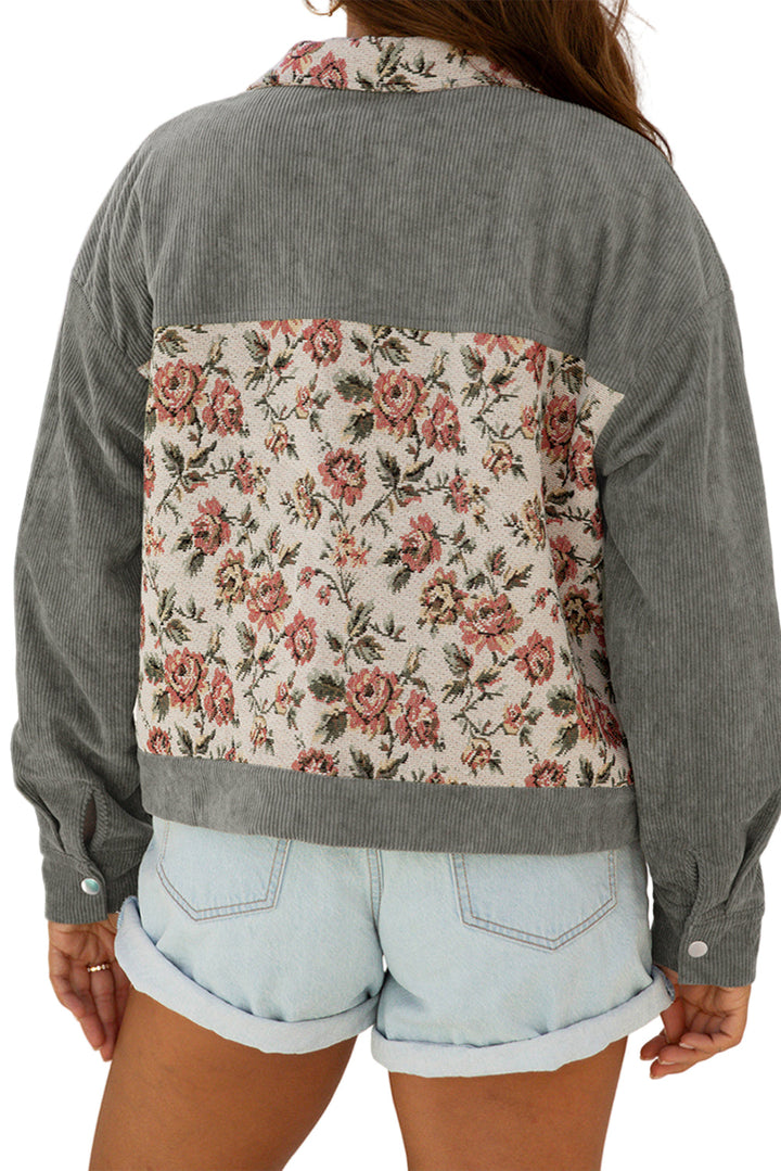 Women's Medium Grey Corduroy Floral Patchwork Vintage Jacket