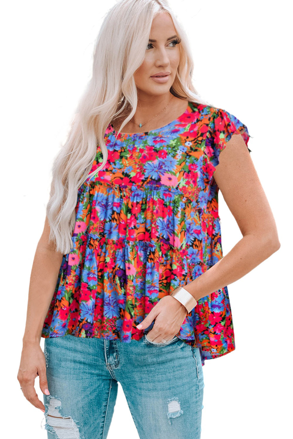 Women's Floral Round Neck Frill Trim Blouse