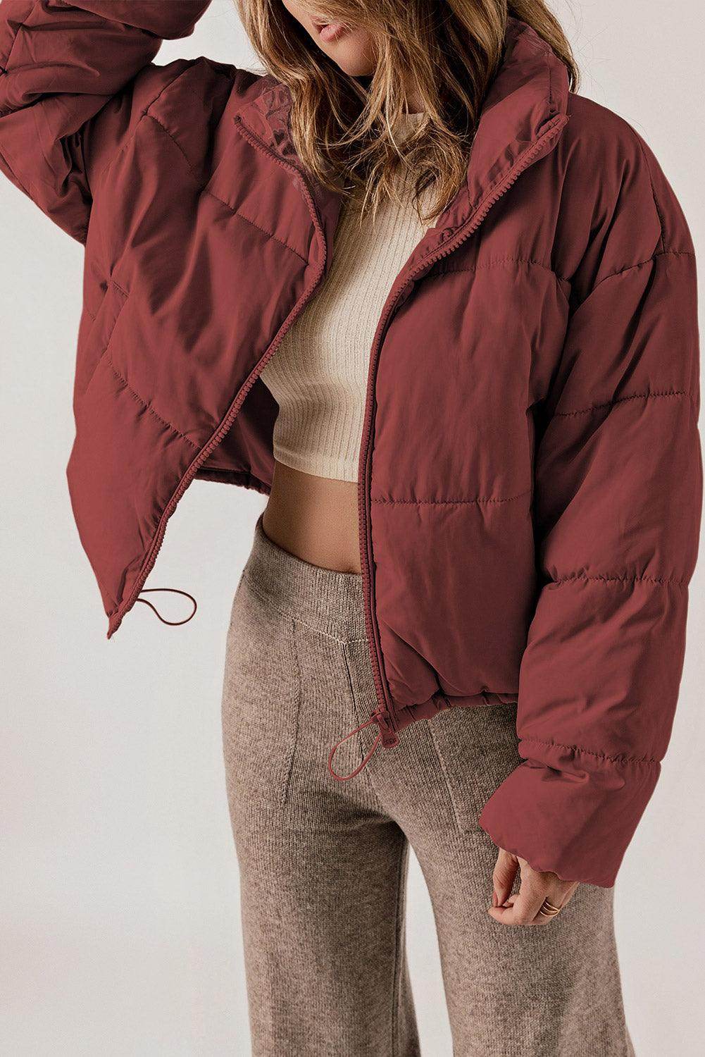 Zip Up Collared Neck Long Sleeve Winter Coat for Women