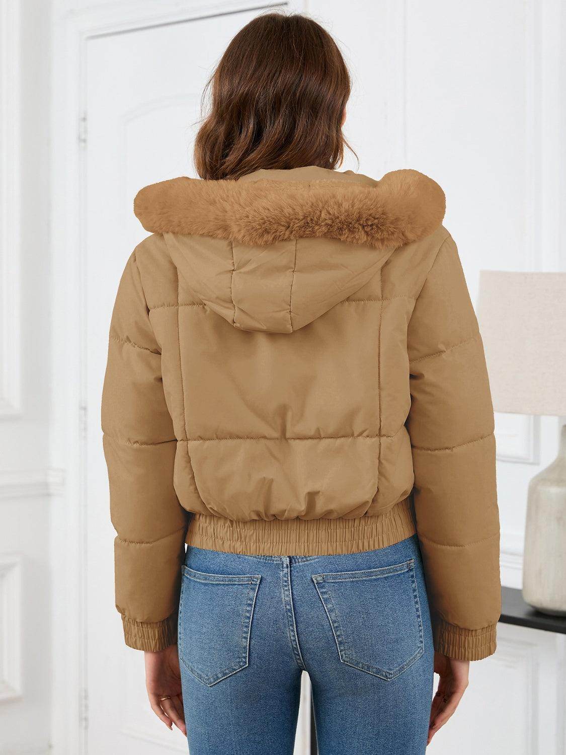 Pocketed Long Sleeve Cropped Hooded Winter Coat for Women