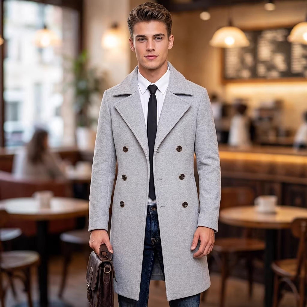 Men's Mid-Length Trench Coat - European American Style Solid Color Single-Breasted Casual Jacket for Daily Wear