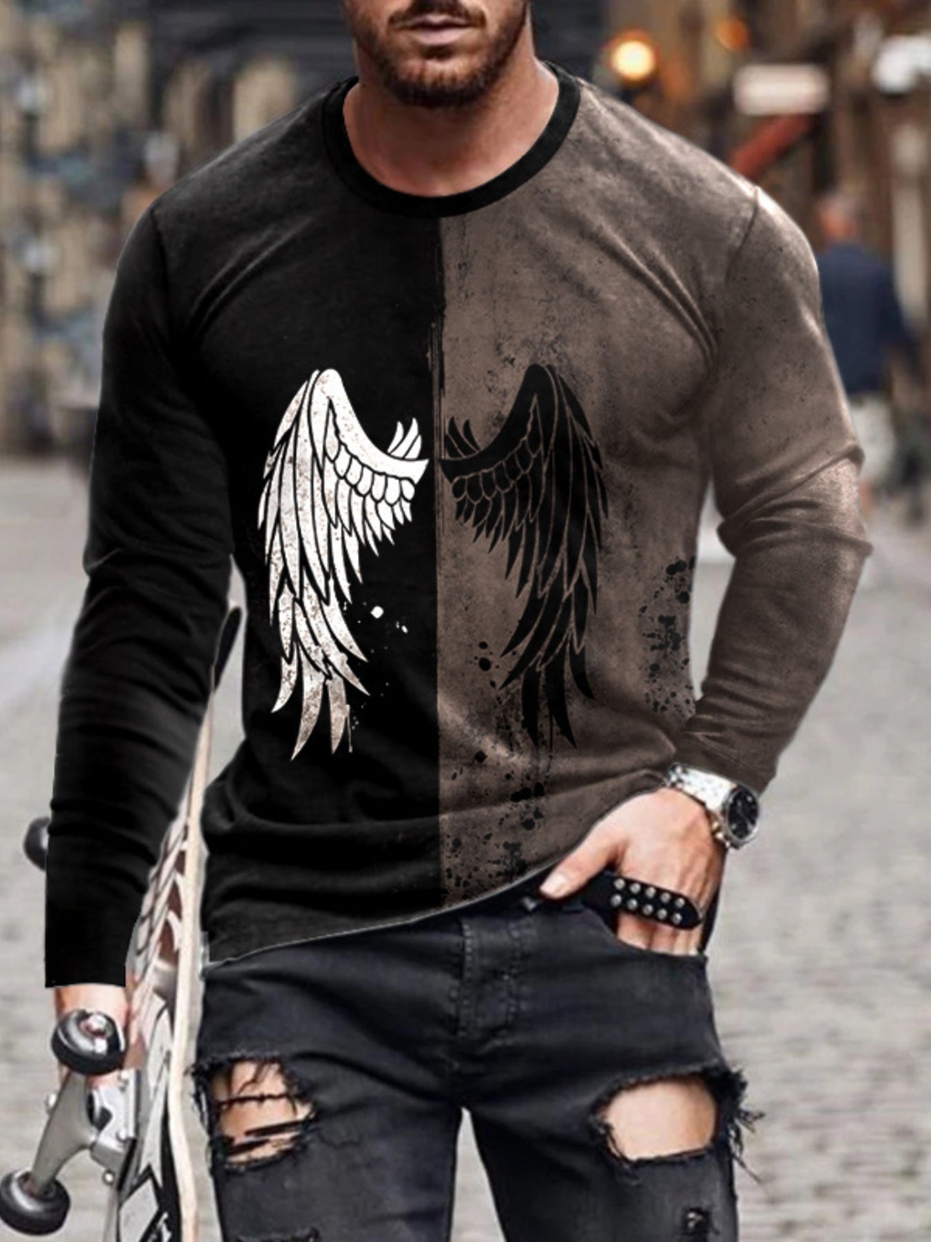 Men's Full Size Split-Color Wing Graphic Long-Sleeve T-Shirt Plus Size