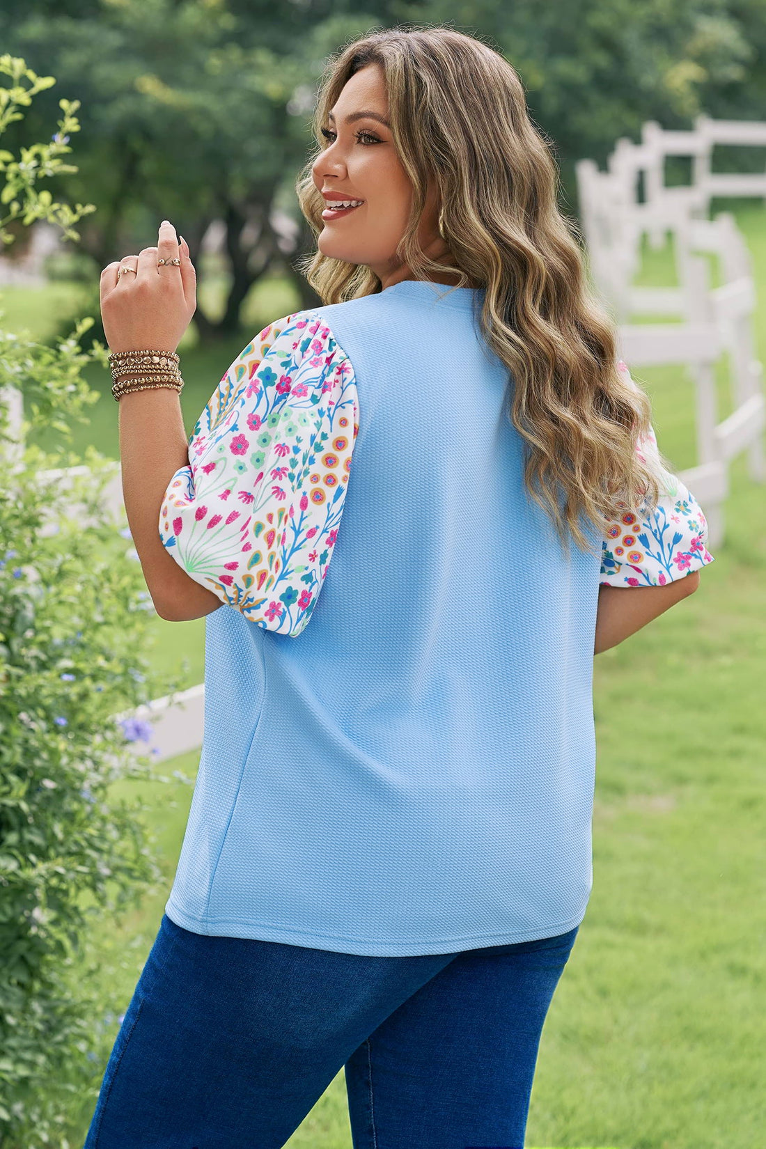 Raelynn Contrast Floral Sleeve PLUS Top