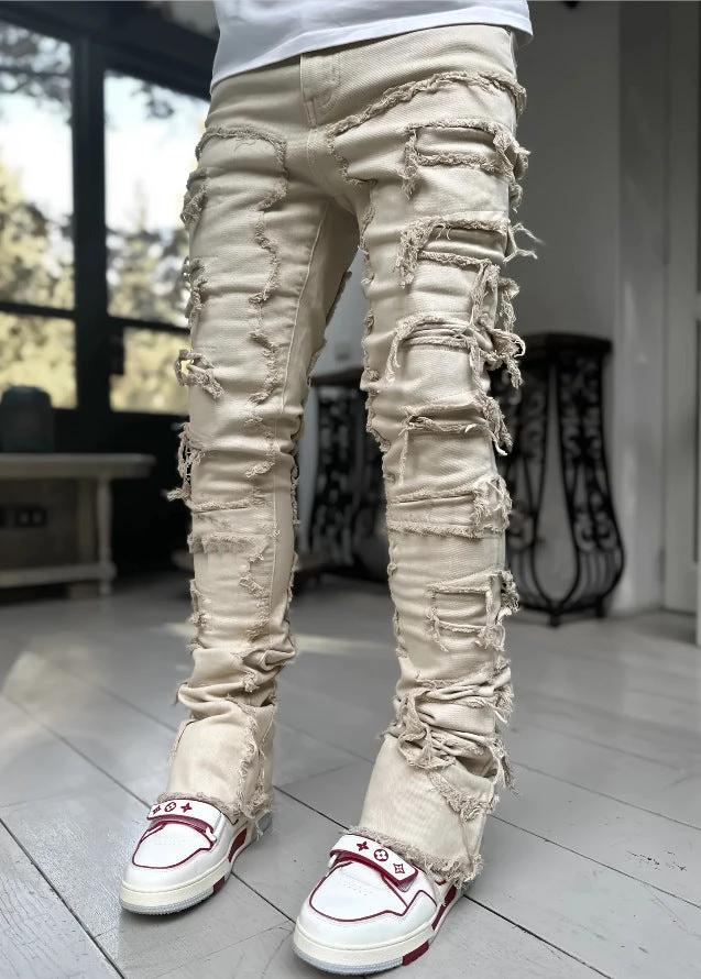 Men's Individual Patched Pants Long Tight Fit Stacked Jeans