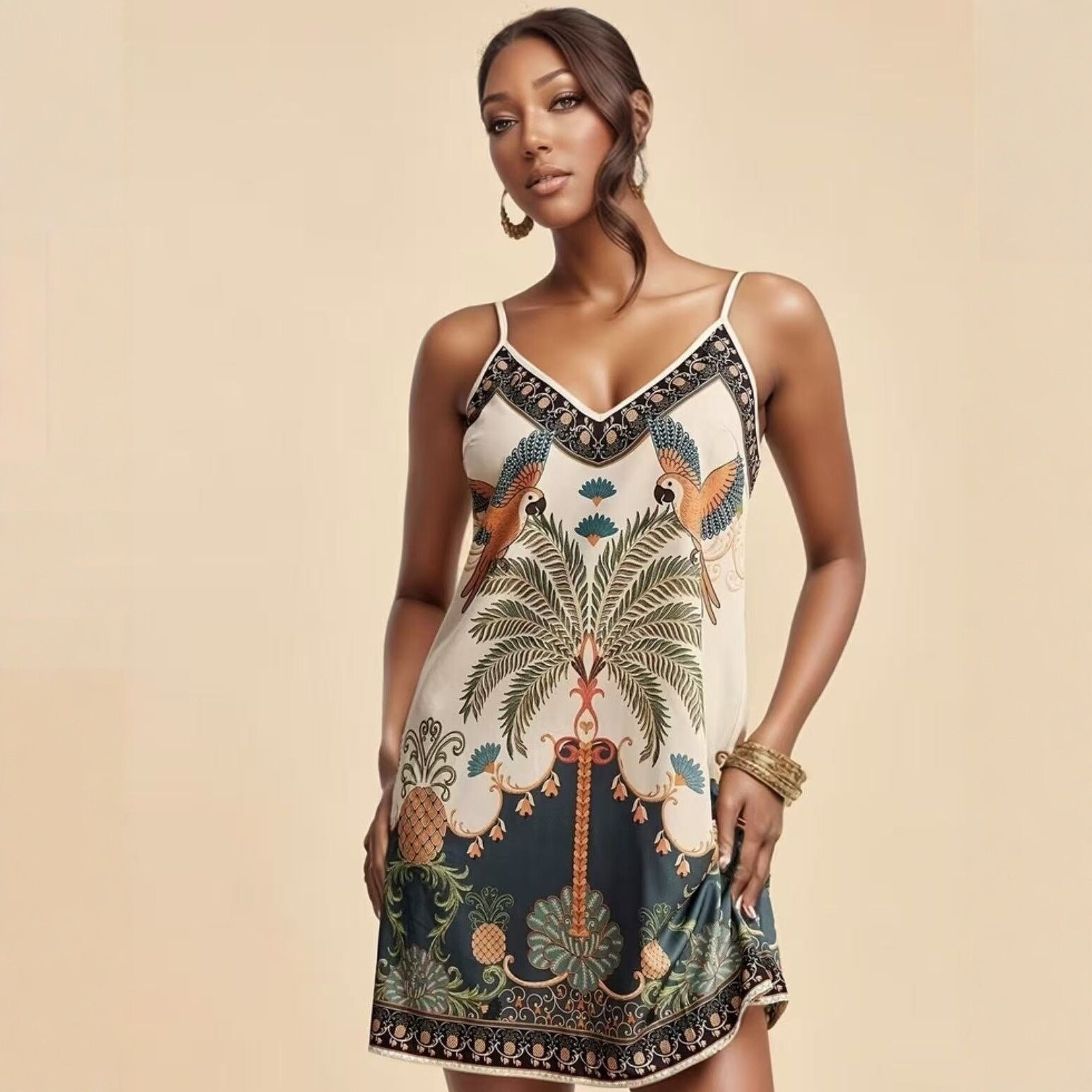 Women's European and American-Style Tropical Print V-Neck Slip Dress