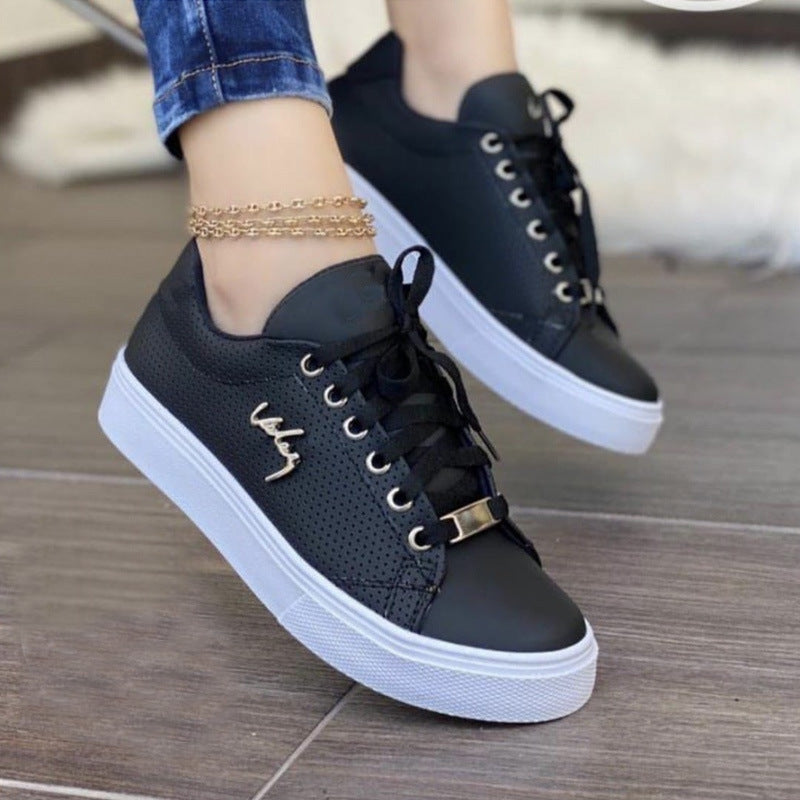 Women's Breathable Lace-Up Flat Sneakers | Patent PU Round-Toe Shoes