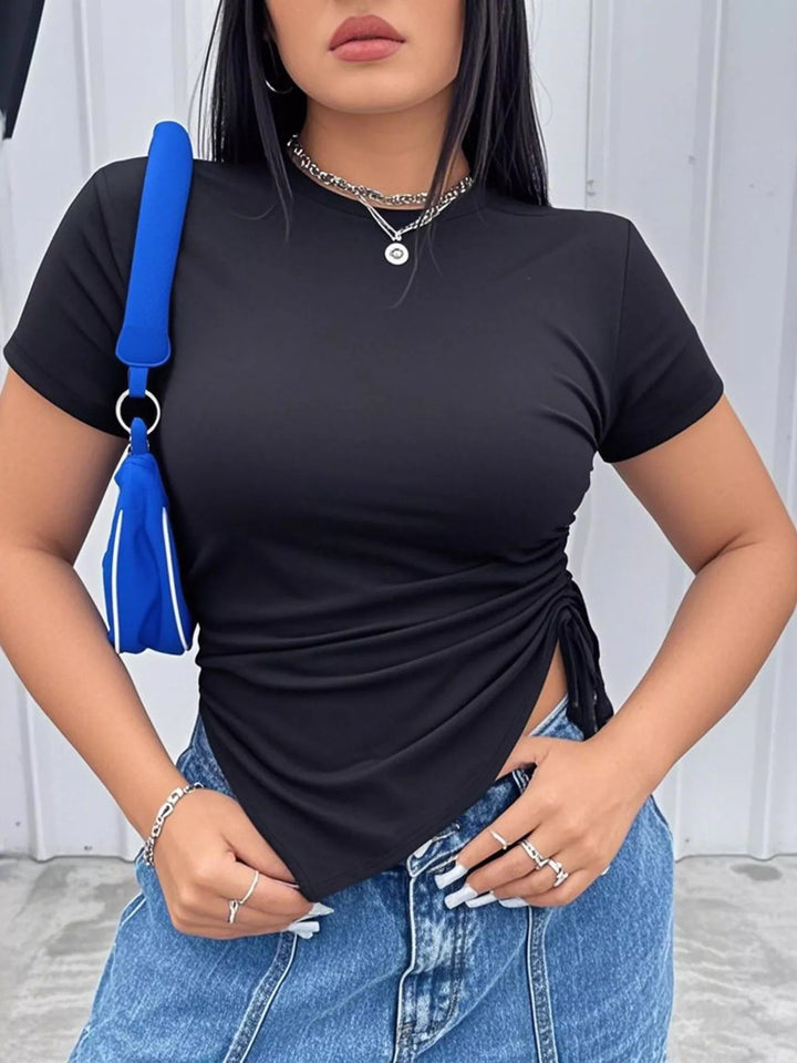 Plus Size Ruched Round Neck Short Sleeve T-Shirt See size chart under “more details”