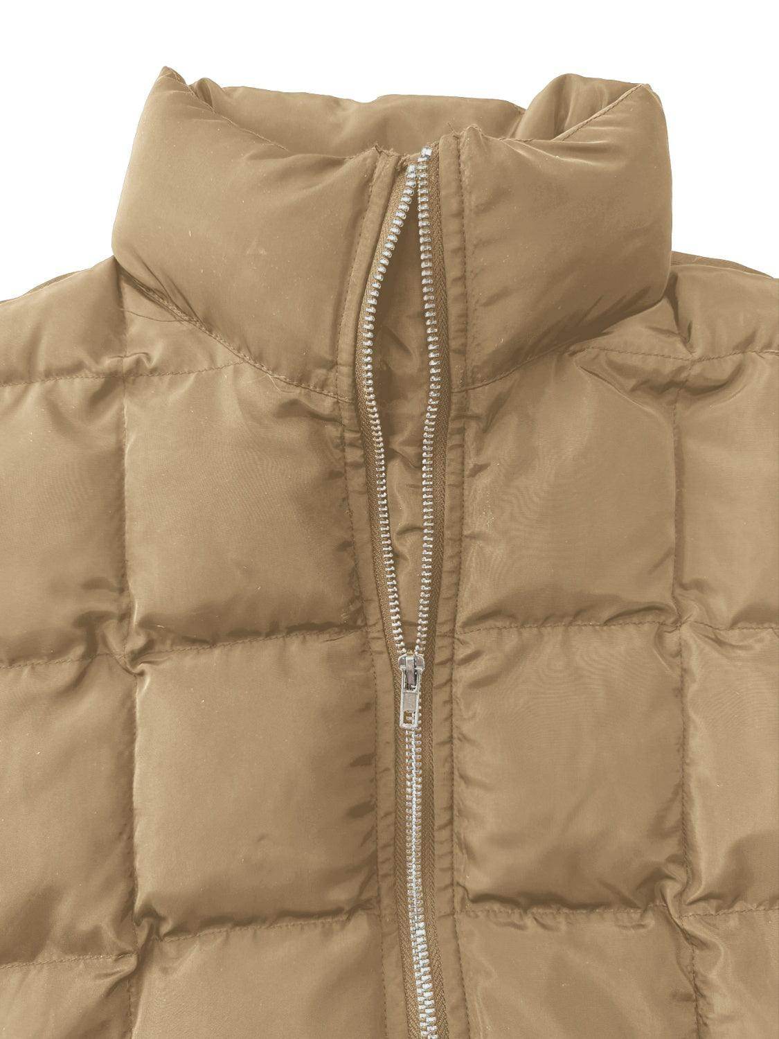 Pocketed Plaid Quilted Zip Up Winter Coat for Women