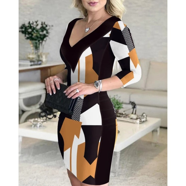Printed Wrap Hip Skirt V-neck Dress