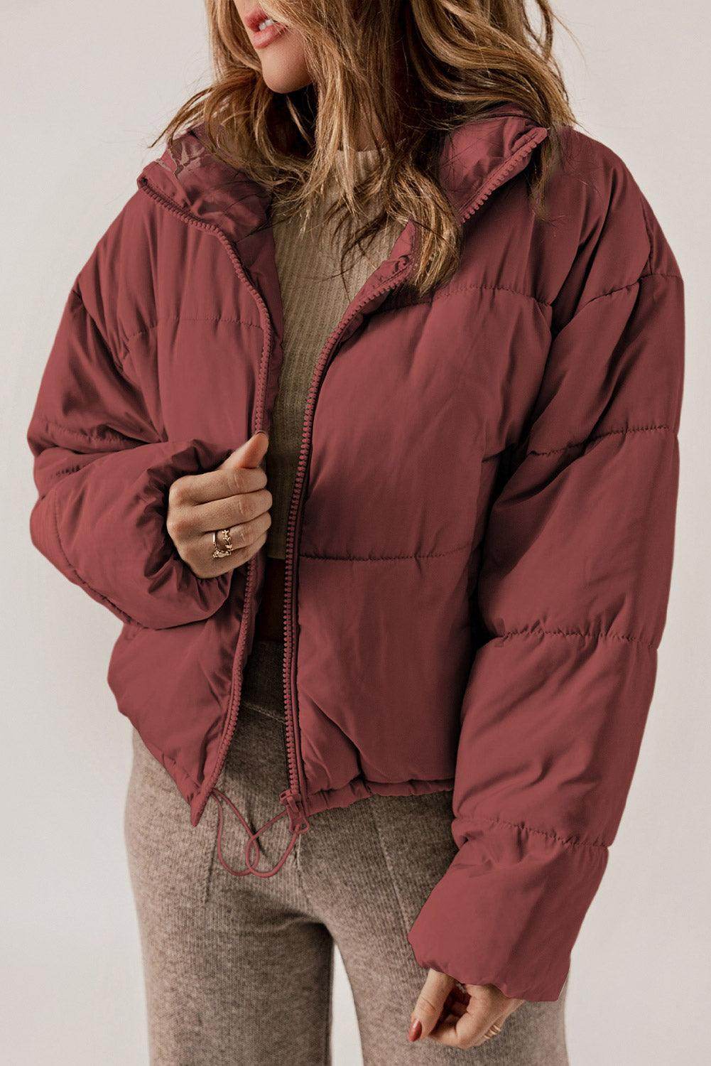 Zip Up Collared Neck Long Sleeve Winter Coat for Women