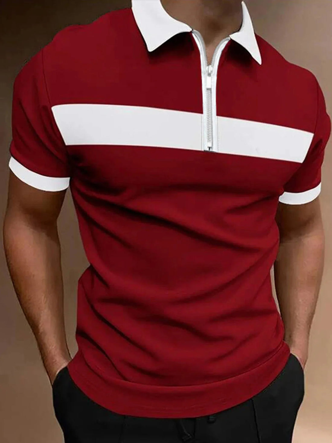 Men's Full Size Casual Color Block Zipper Polo Plus Size