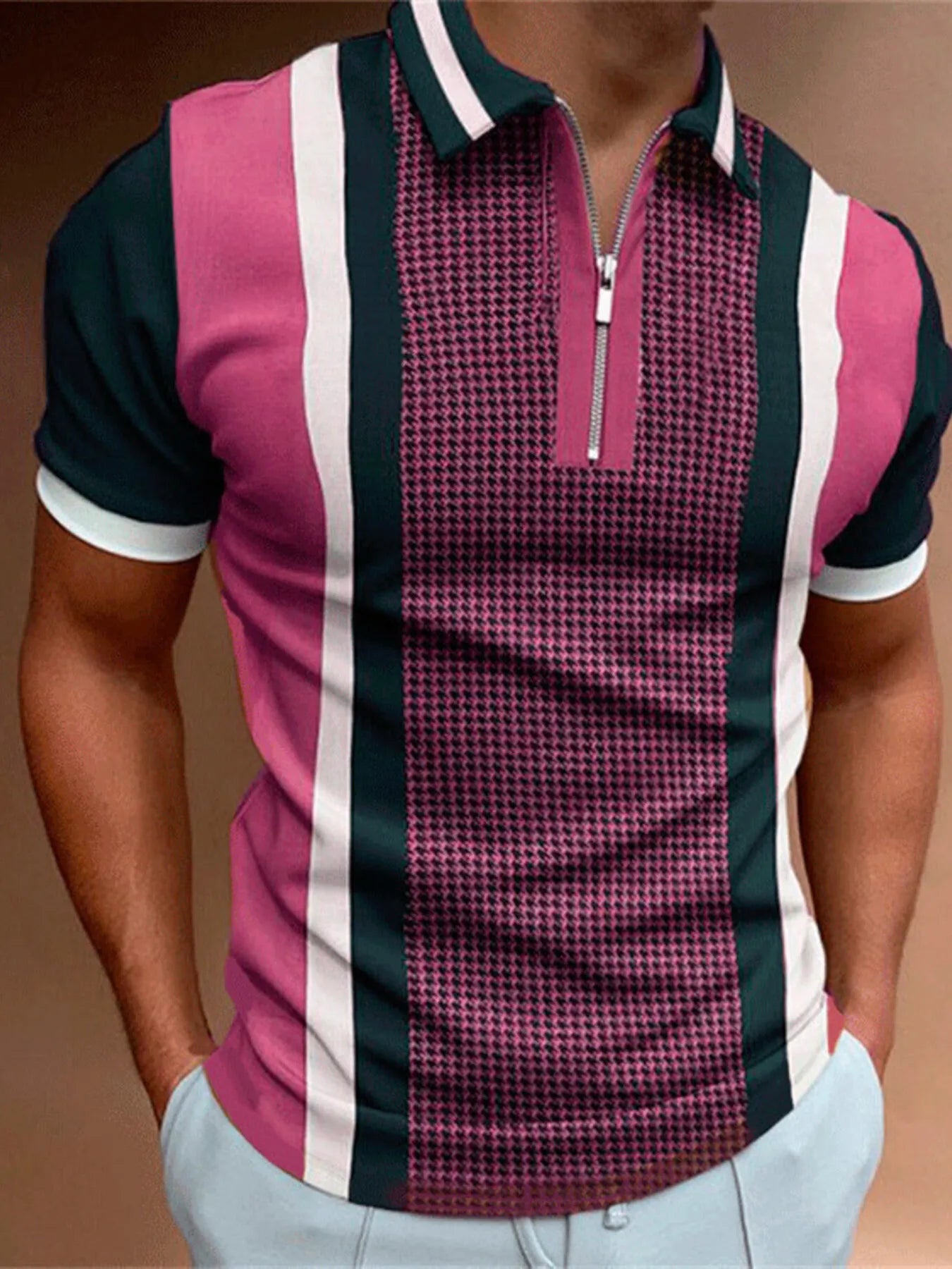 Men's Full Size Color Block Zipper Polo Plus Size