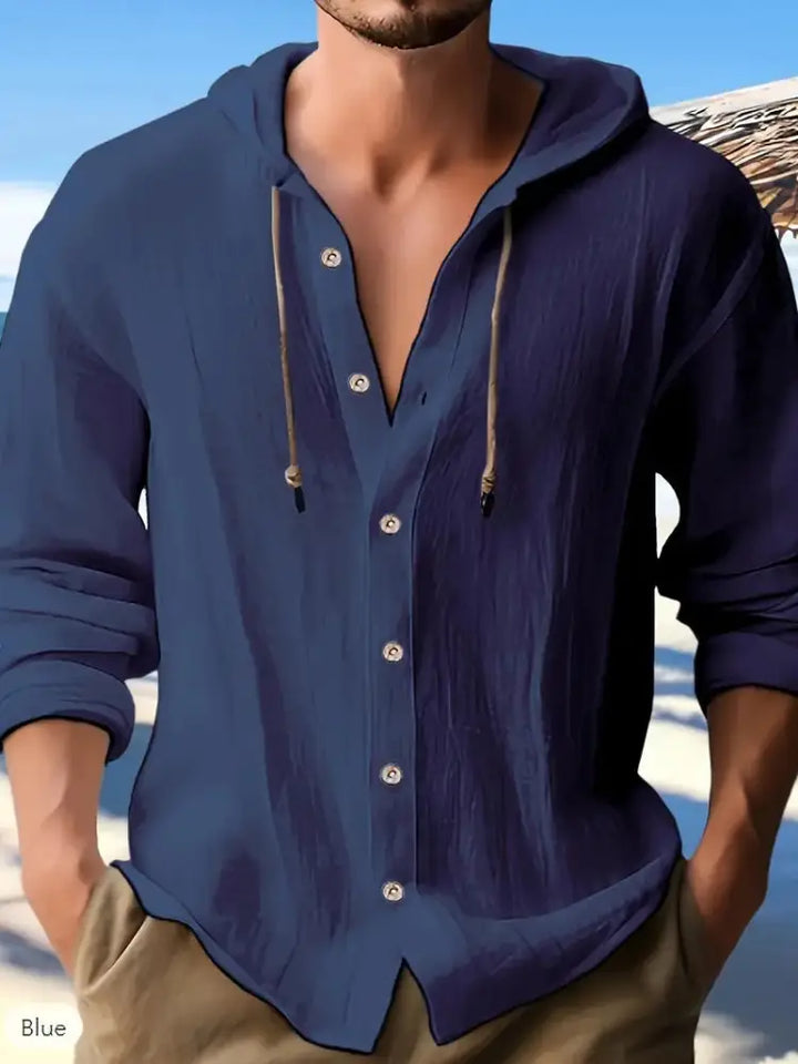Men's Light Blue Textured Hooded Button Down Shirt