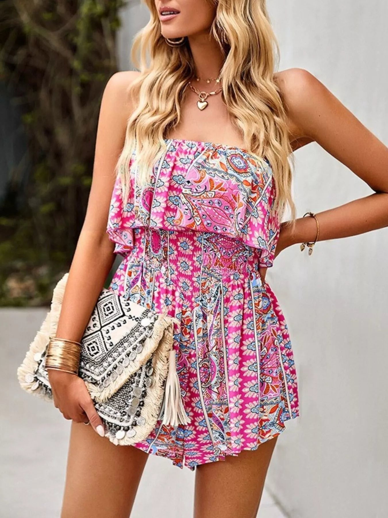 Women's Printed Tube Smocked Waist Romper