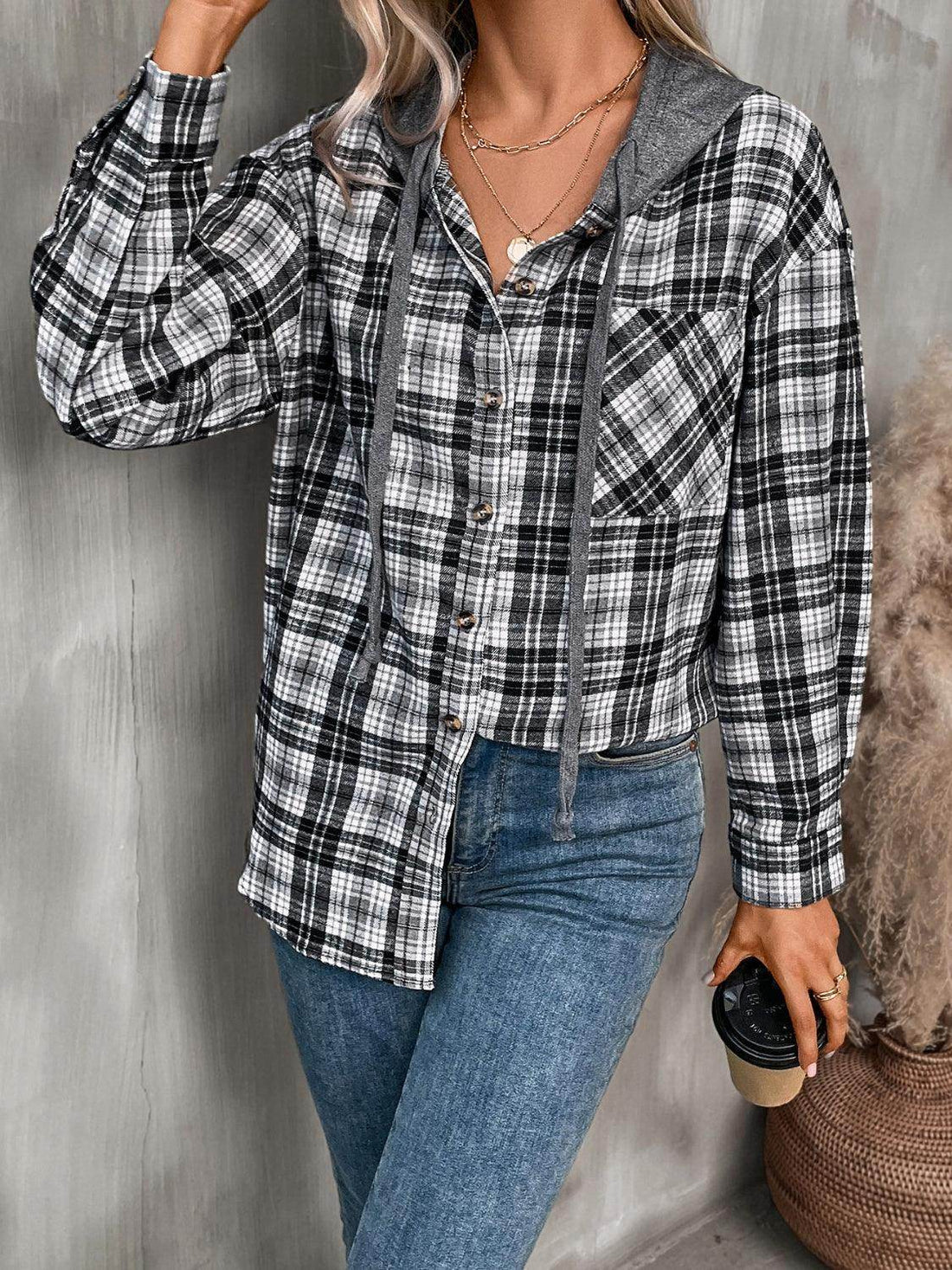 Plaid Long Sleeve Hooded Jacket for Women with Pockets