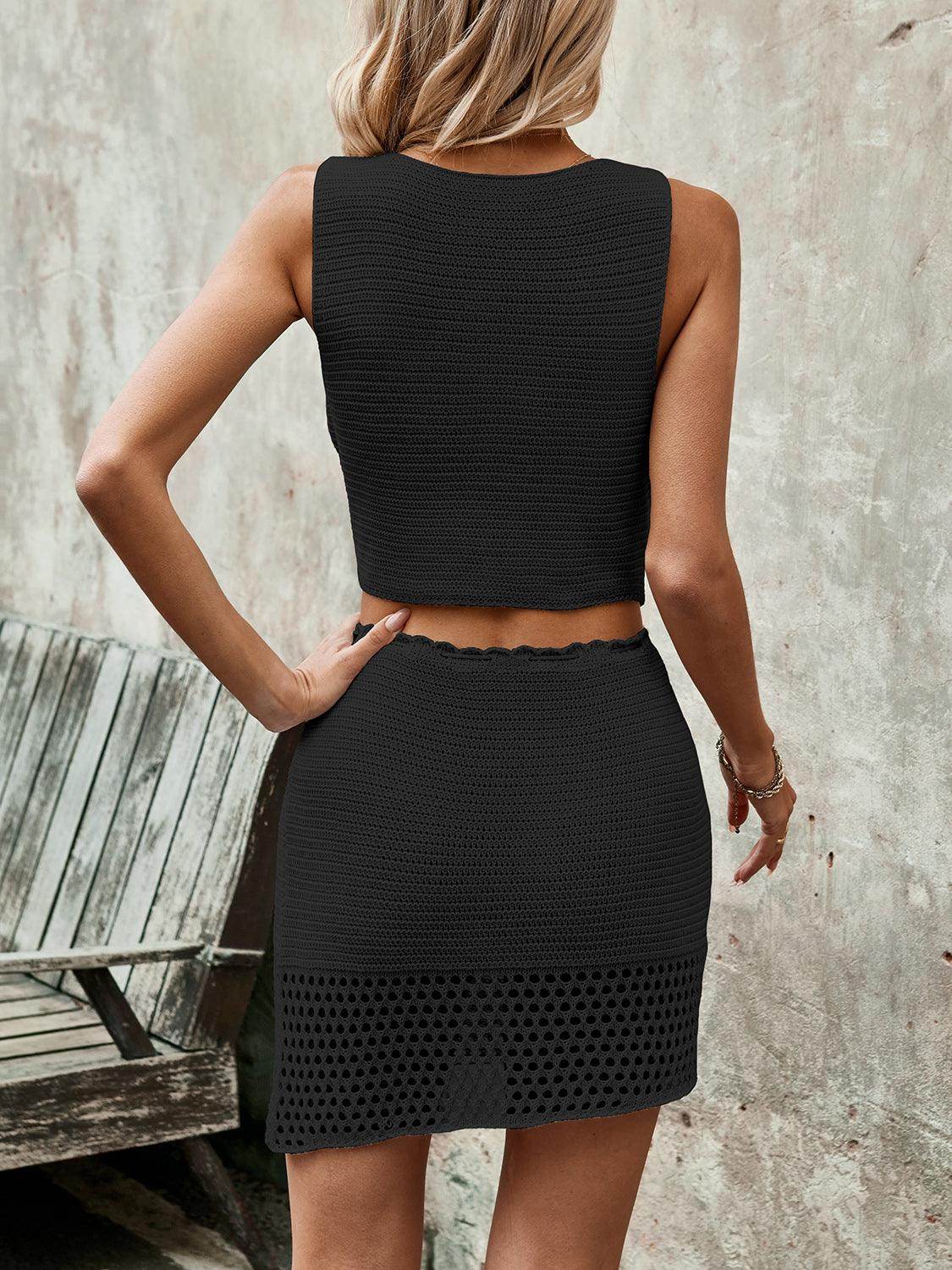 Button Up Sleeveless Top and Drawstring Skirt Set for Women