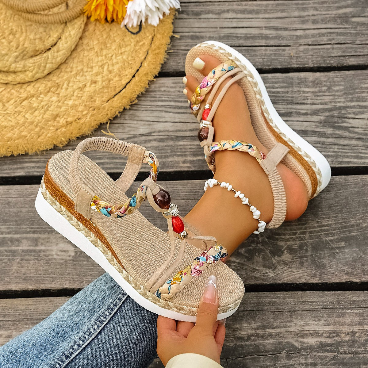 Women's Peep-Toe Platform Sandals | Elastic Band Bohemian Heels