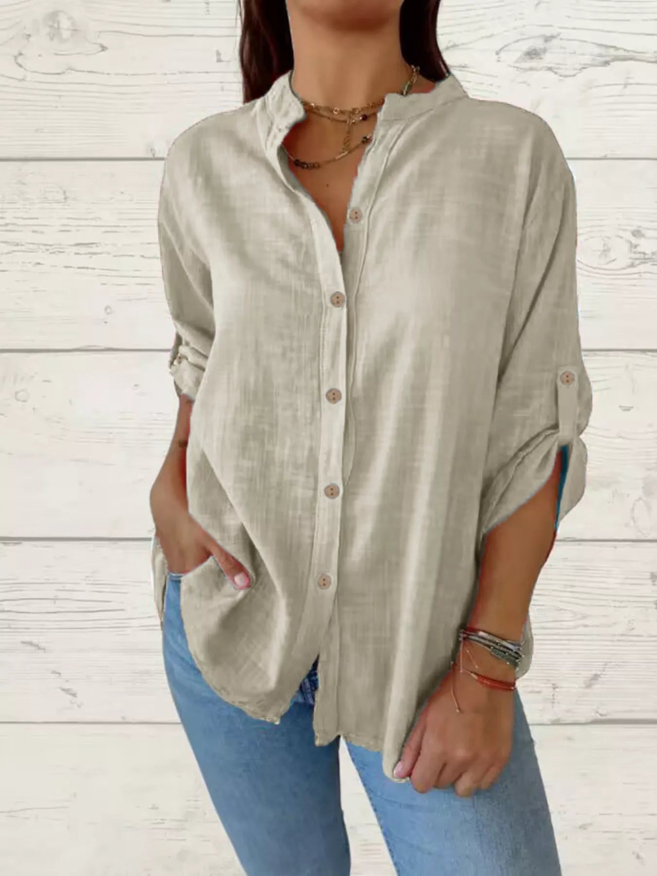 Women's Full Size Casual Button-Down Roll-Up Sleeve Shirt Plus Size