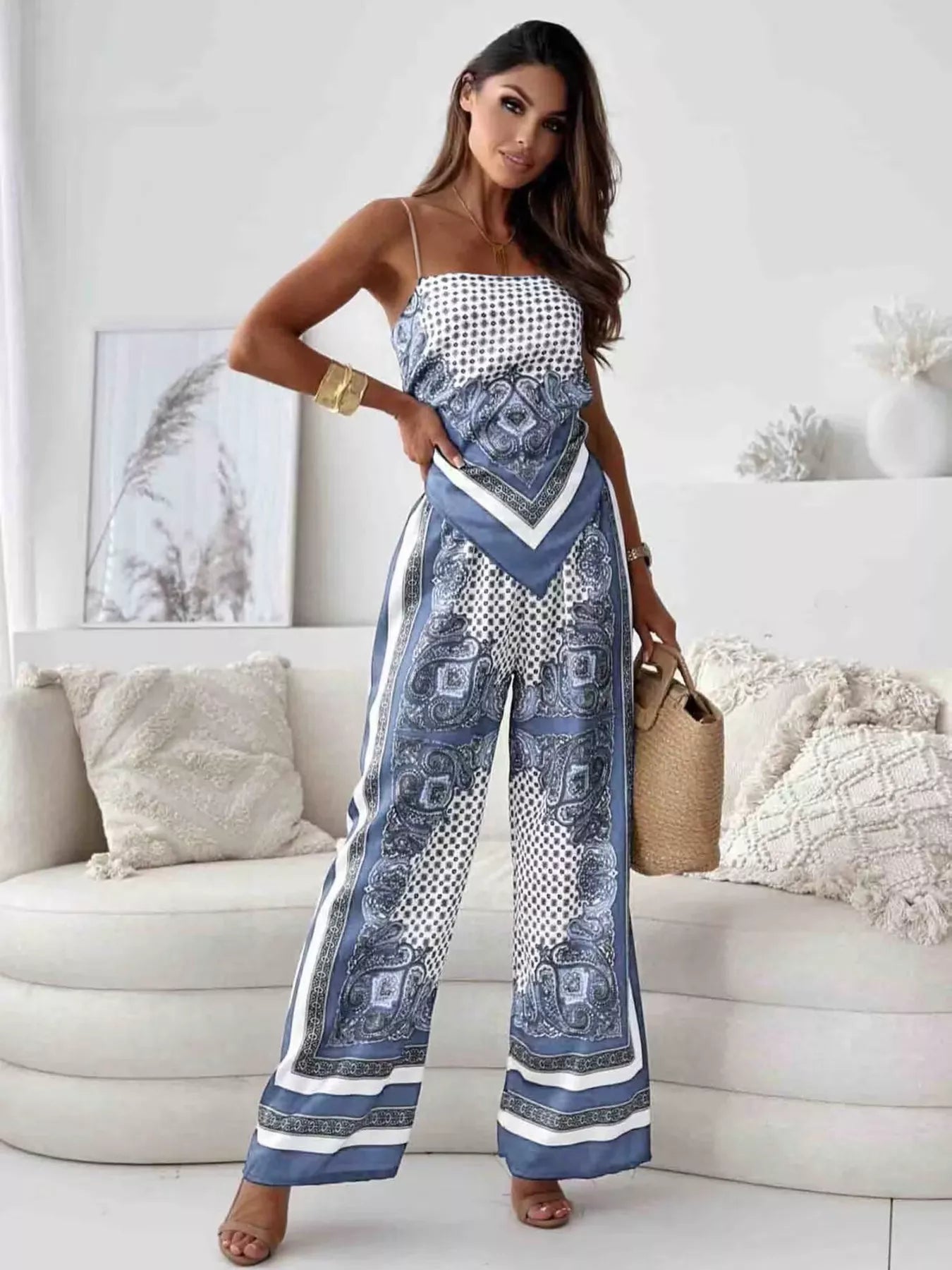 Women's Printed Cami and Wide Leg Pants Set