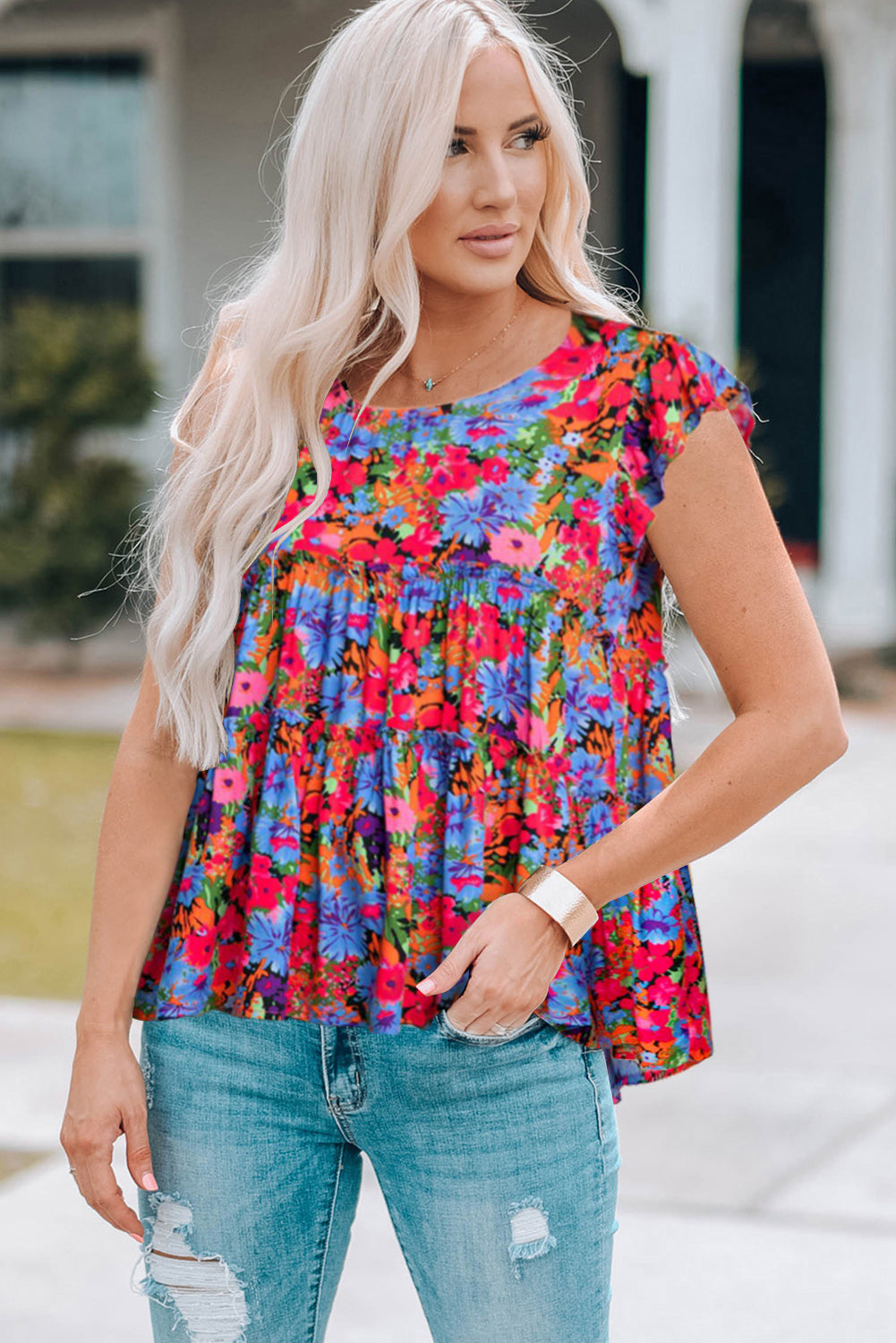 Women's Floral Round Neck Frill Trim Blouse