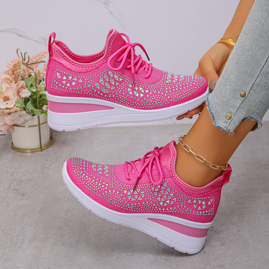 Ins Rhinestone Sneakers Fashion Lace Up Wedges Casual Shoes Women's Daily Commuting Sports Shoes See size chart under “more details”