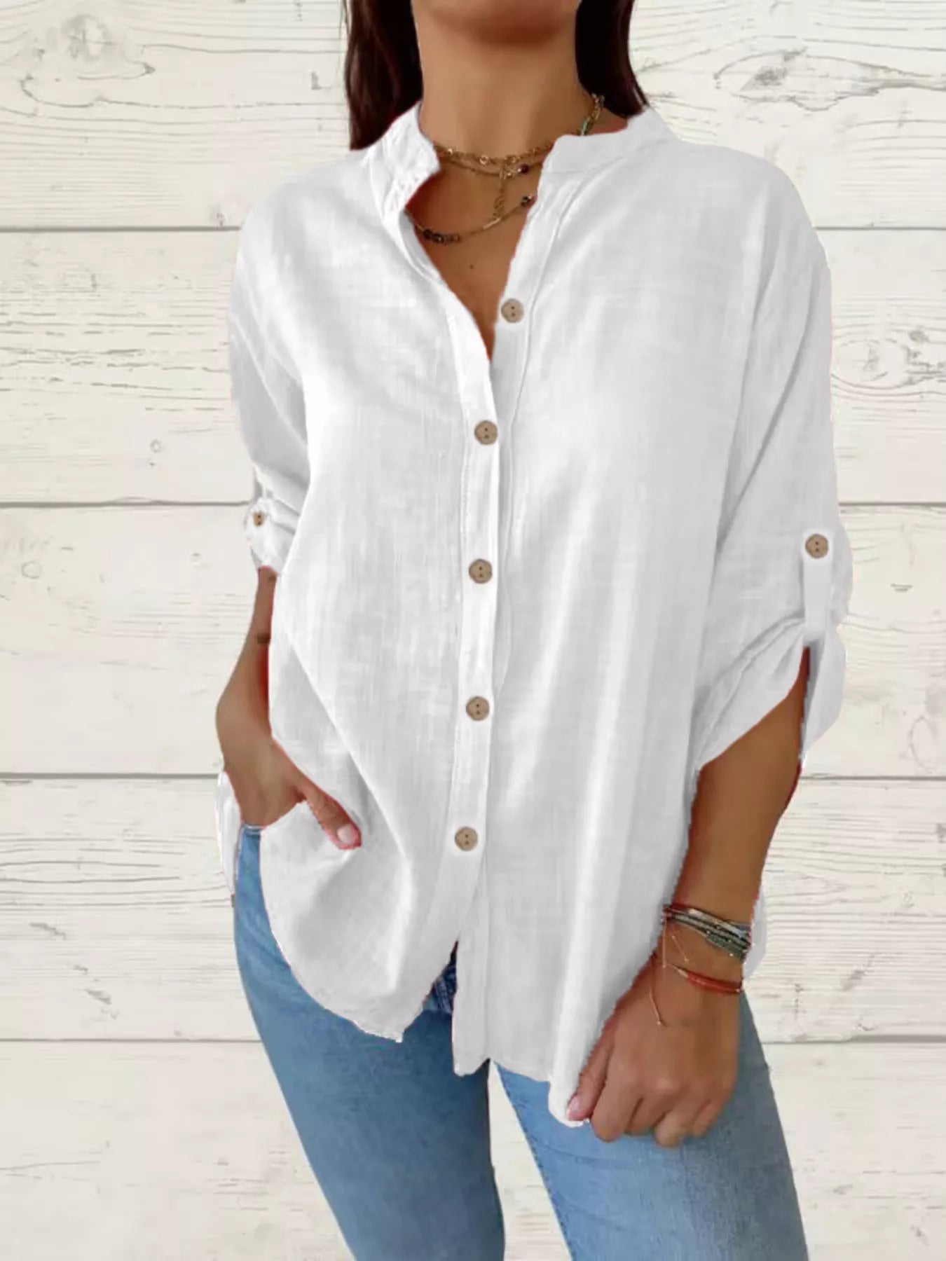 Women's Full Size Casual Button-Down Roll-Up Sleeve Shirt Plus Size
