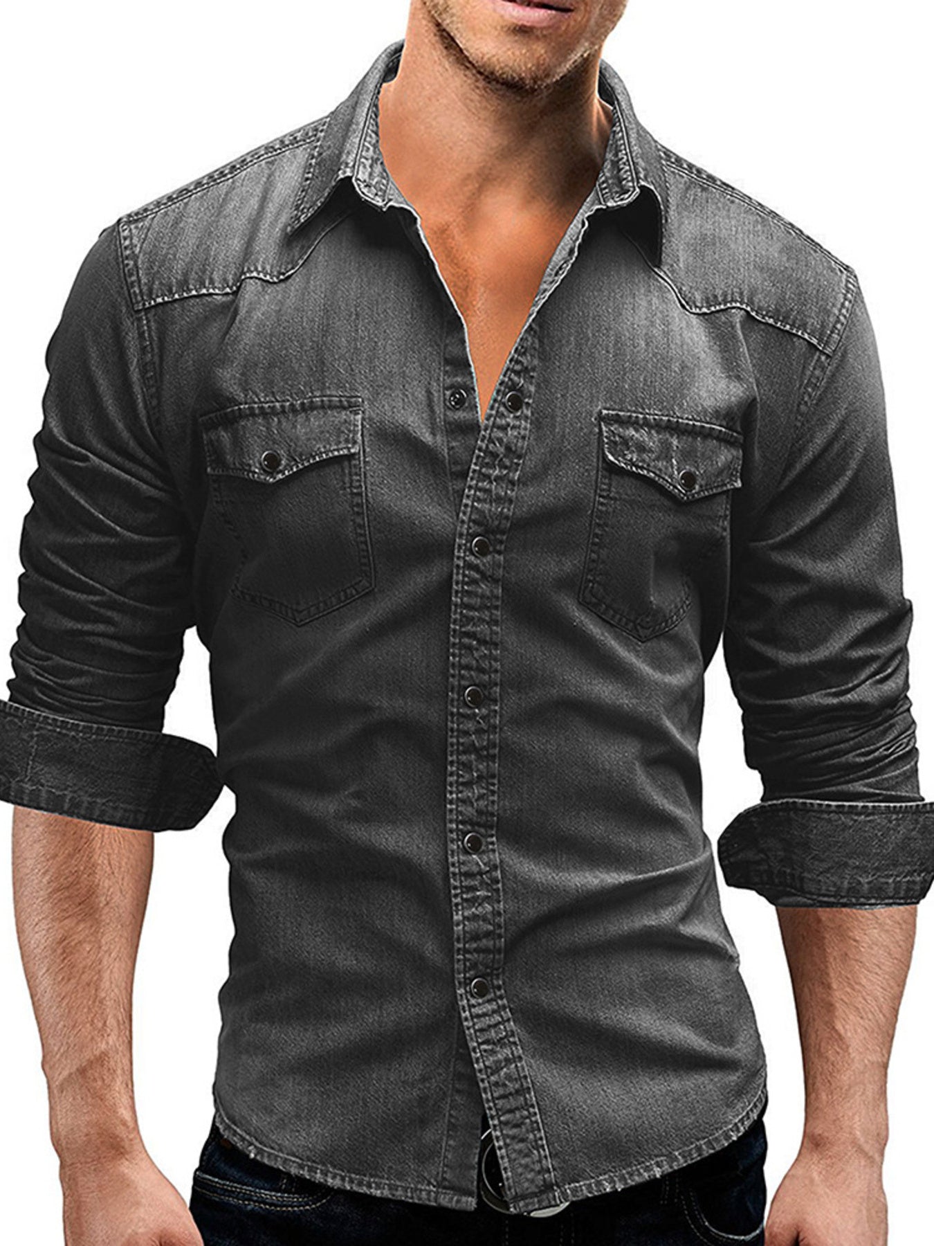 Men's Plus Size Vintage Washed Button Up Denim Shirt