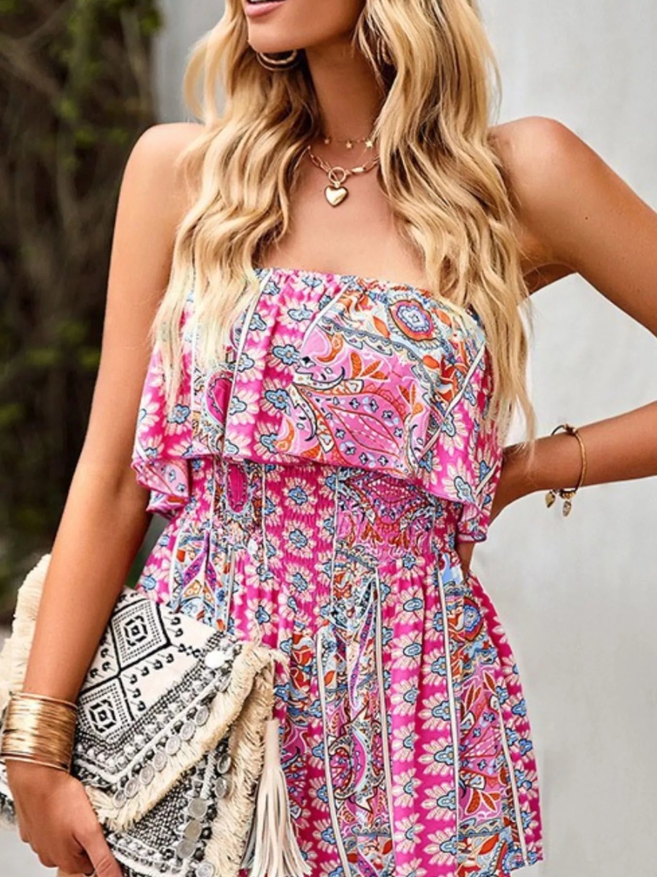 Women's Printed Tube Smocked Waist Romper