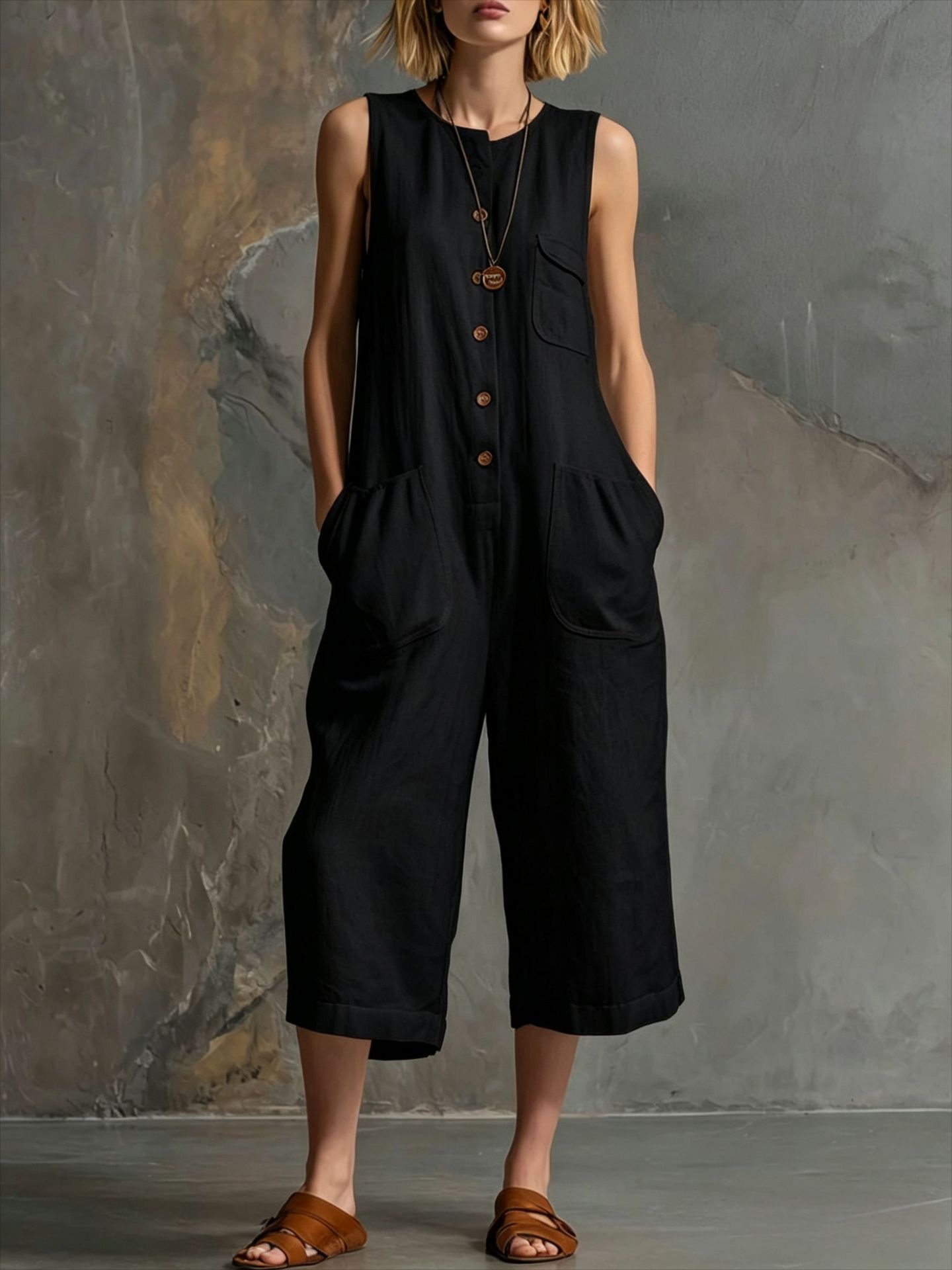 Women's Retro Sleeveless Cotton-Linen Wide-Leg Cropped Jumpsuit