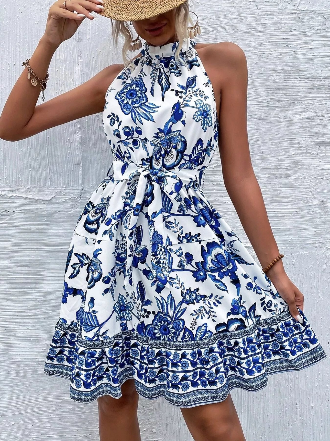 Women's Printed Sleeveless Tie Waist Dress