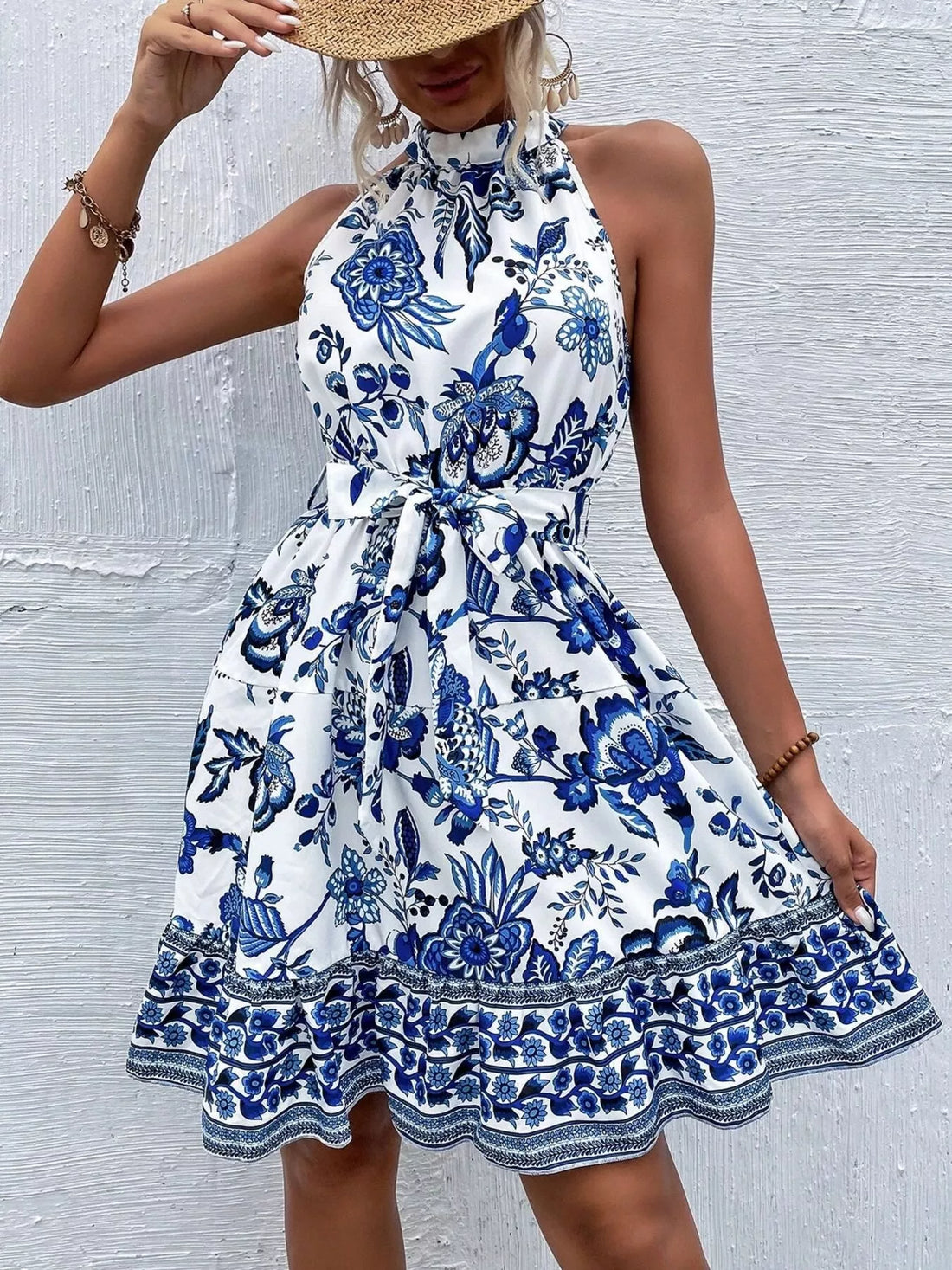 Women's Printed Sleeveless Tie Waist Dress