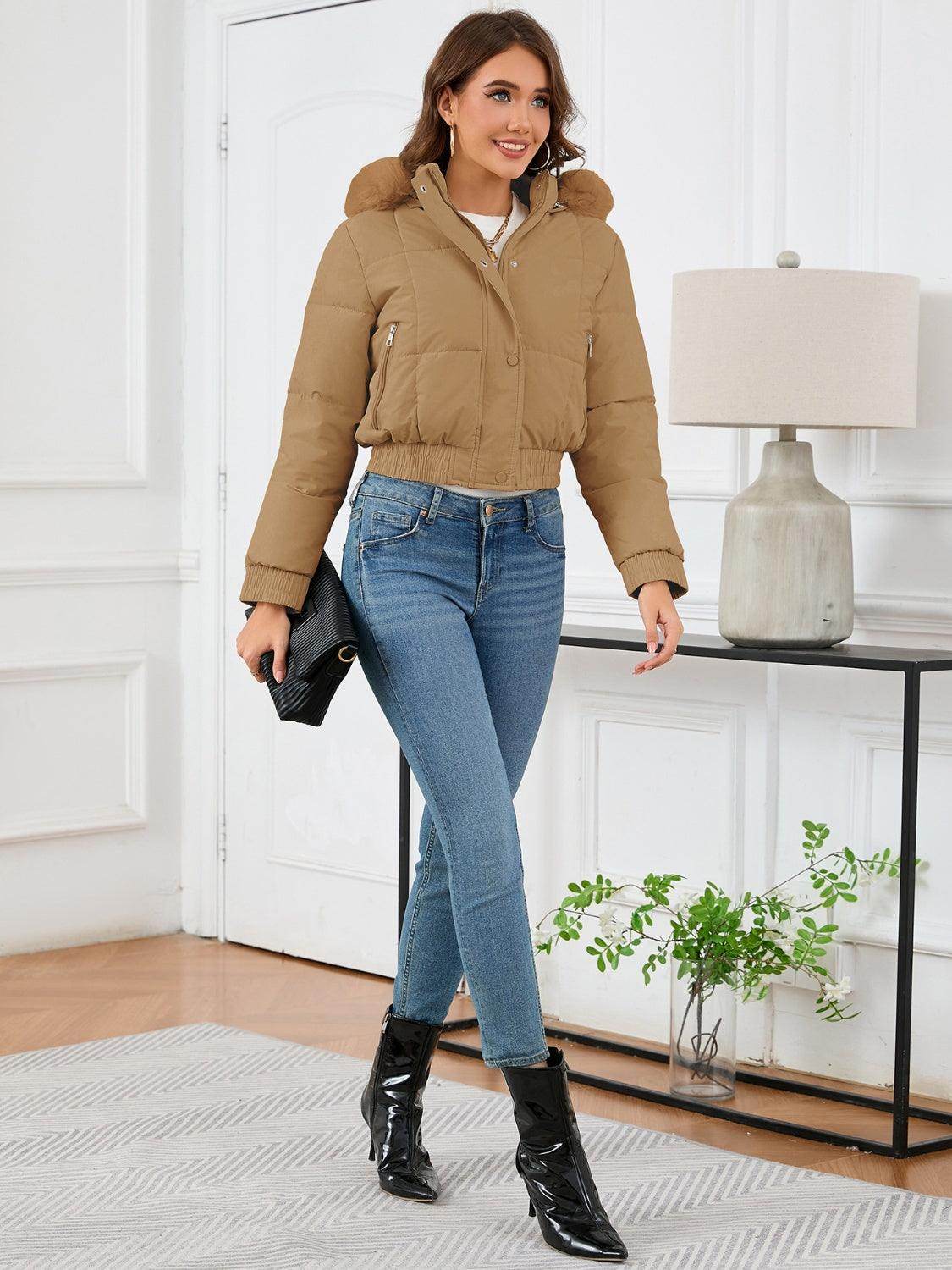 Pocketed Long Sleeve Cropped Hooded Winter Coat for Women
