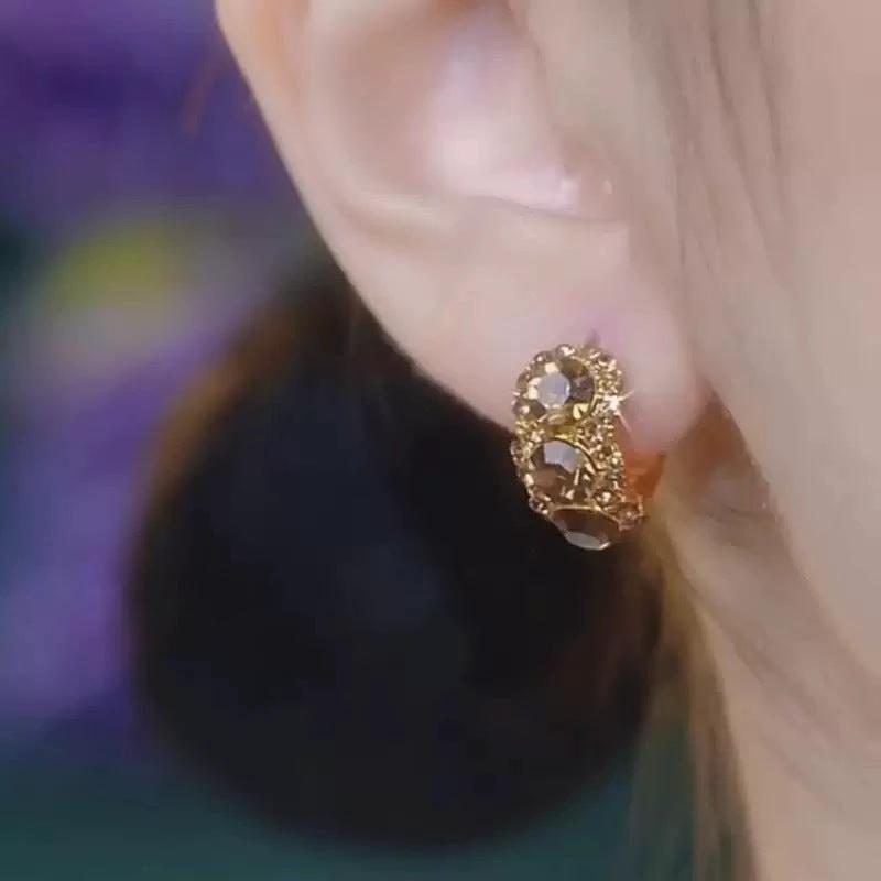 Diamond-embedded Brown Zircon Hoop Earrings