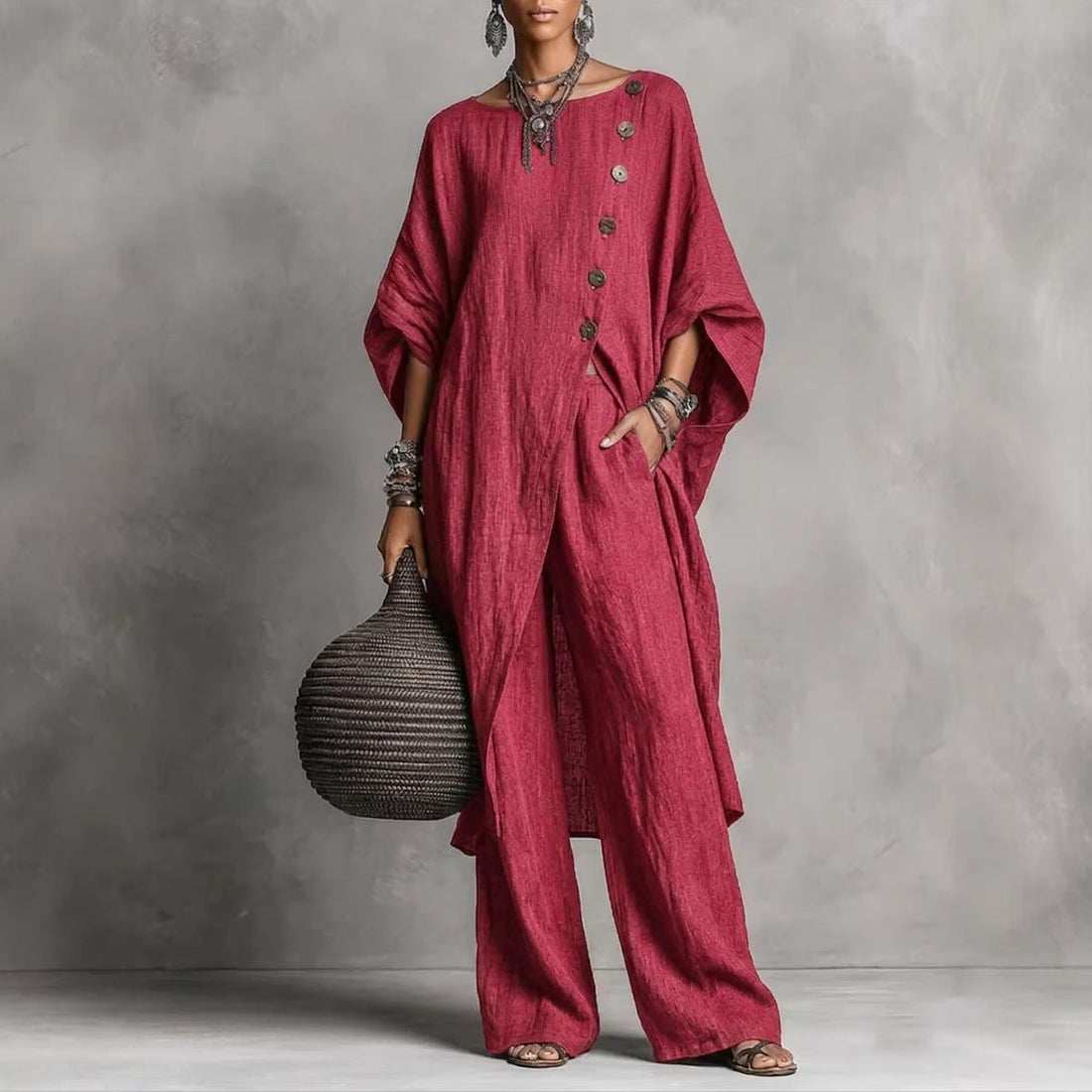 Women's Drop Shoulder Three-Quarter Sleeve Irregular Shirt & Pants Set