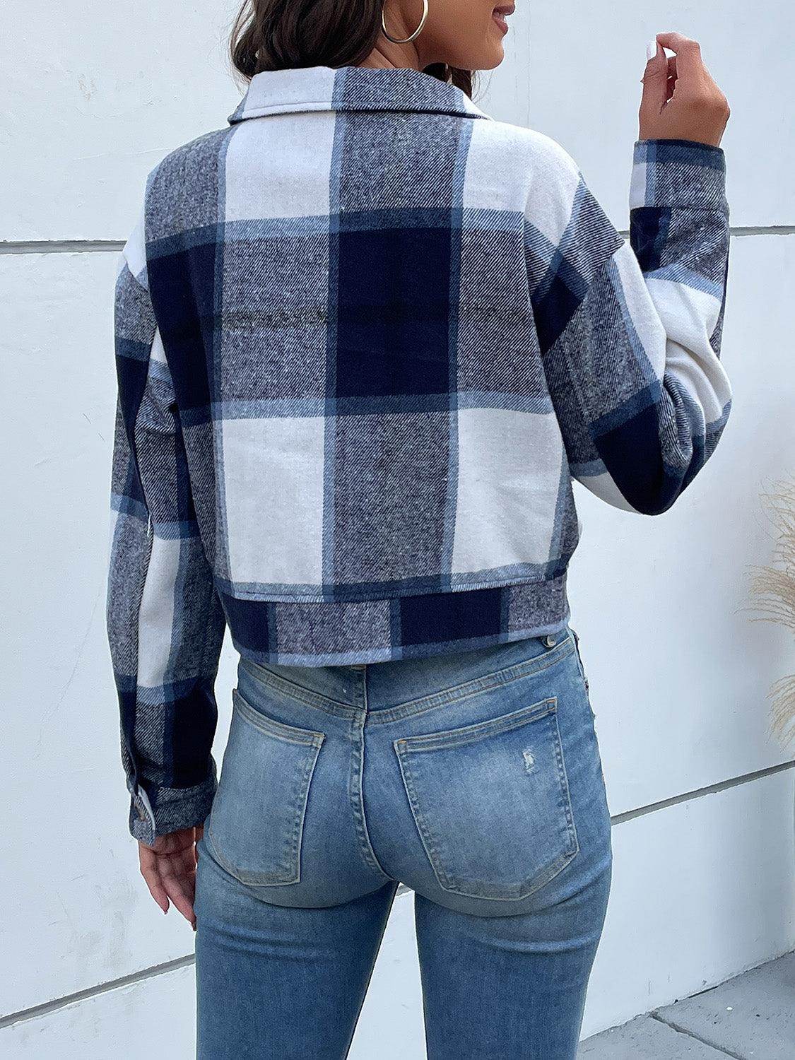 Perfee Plaid Button Up Drop Shoulder Cropped Jacket for Women