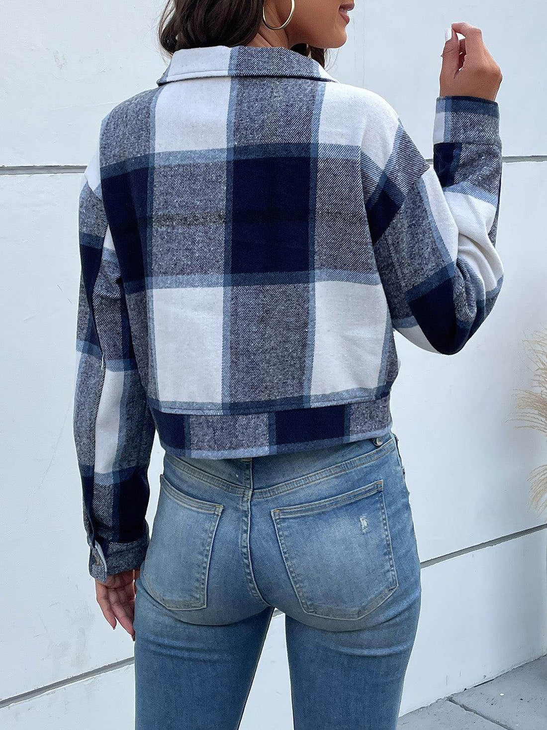 Perfee Plaid Button Up Drop Shoulder Cropped Jacket for Women
