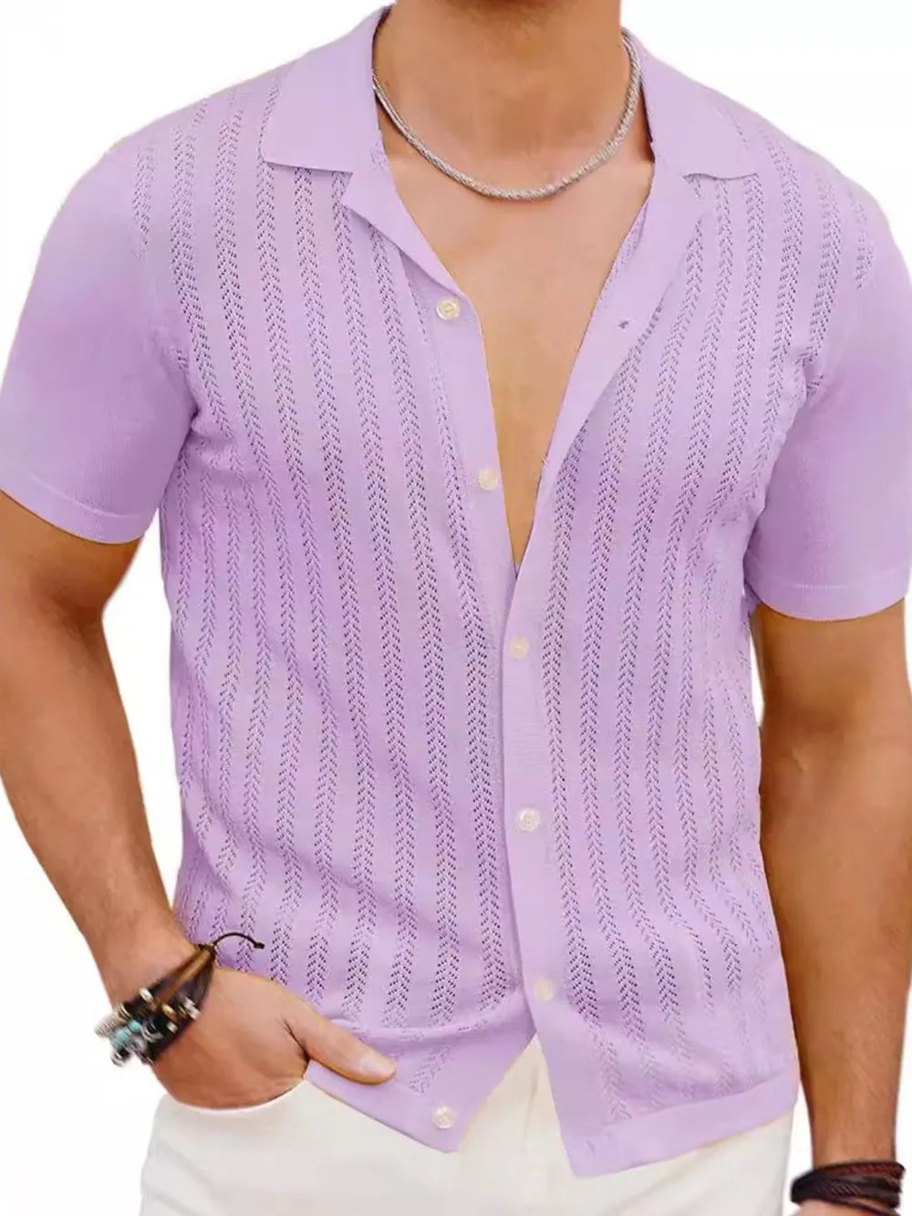 Men's Full Size Openwork Button Down Short Sleeve Shirt Plus Size