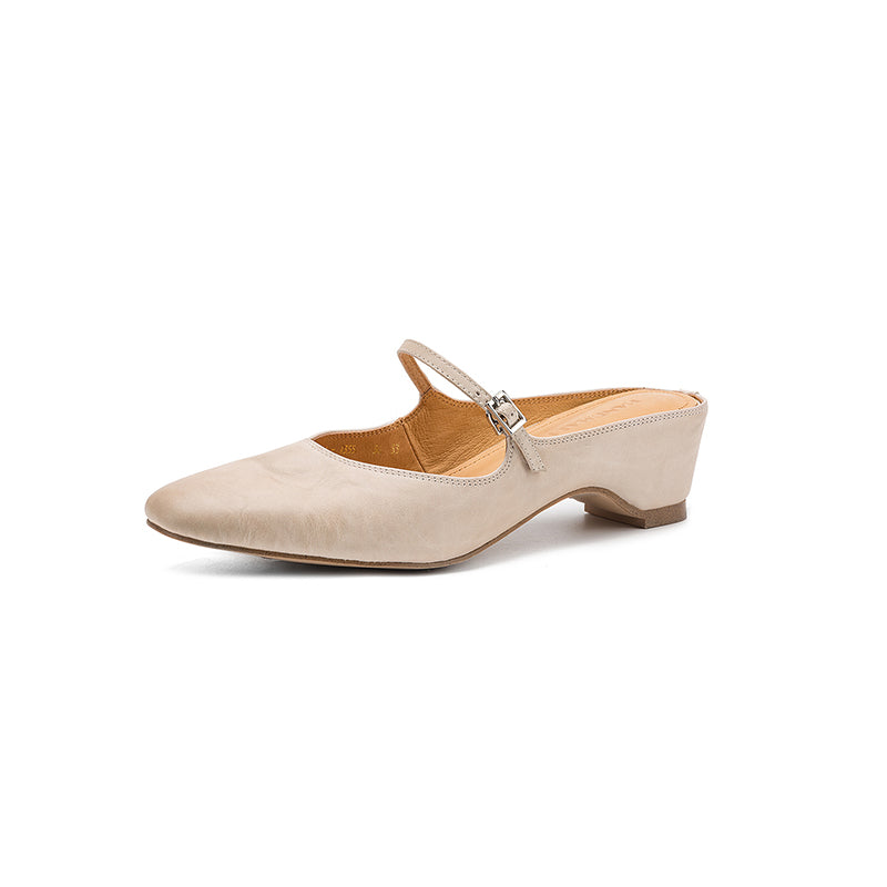 Women's Full Grain Leather Mary Jane Mules | Low Heel Square Toe Slide Sandals