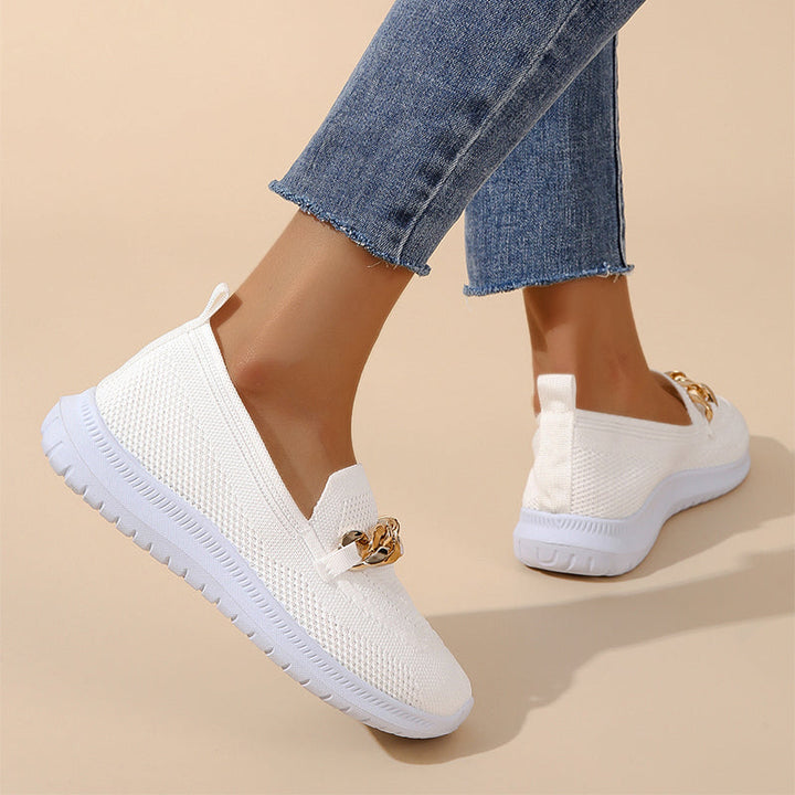 Women's Flyknit Chain-Detail Flat Sneakers | Breathable Mesh Walking Shoes