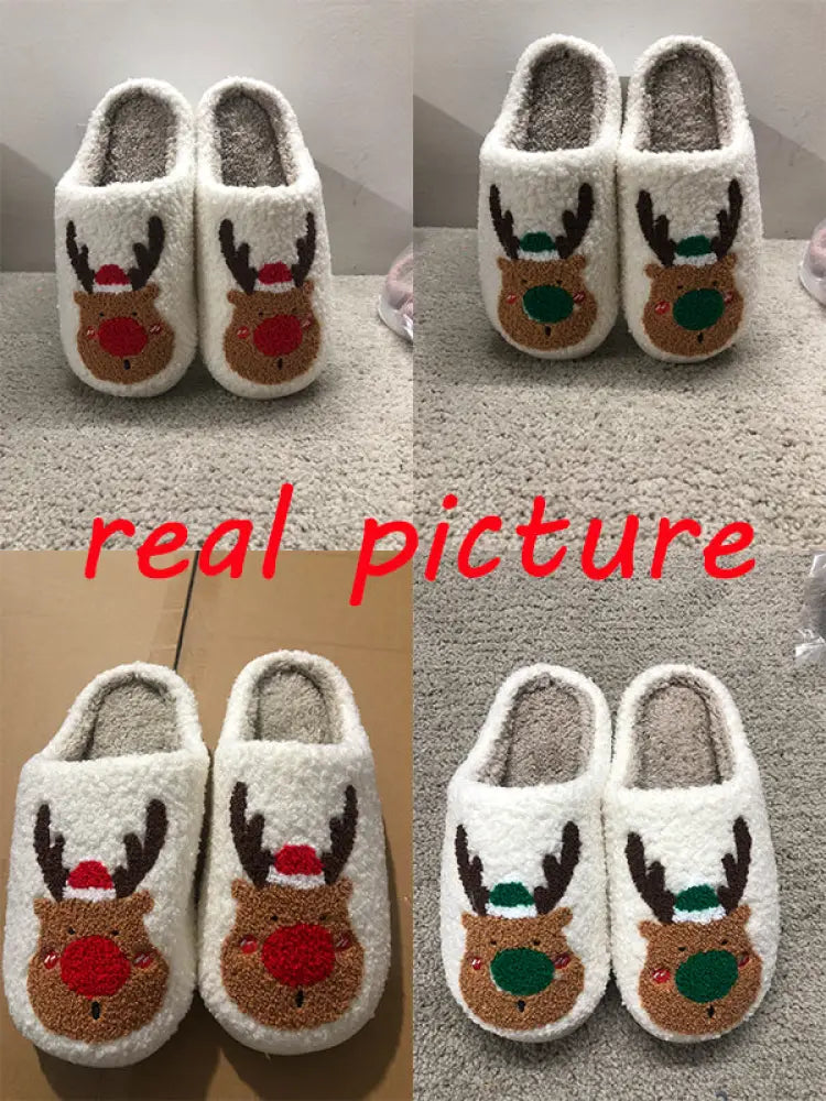 Reindeer Plush Christmas Slippers with Cozy Faux Fur