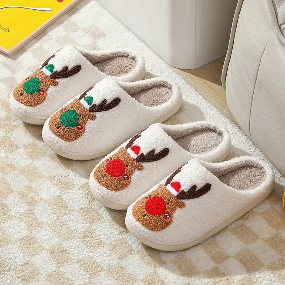 Reindeer Plush Christmas Slippers with Cozy Faux Fur