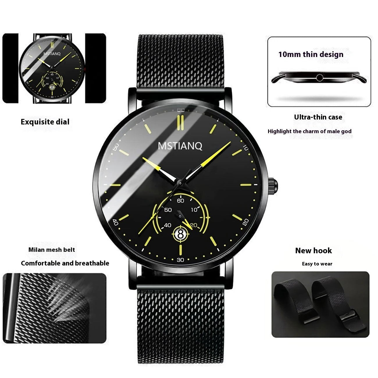 Stylish Black Technology Belt Refined Steel Casual Calendar Watch