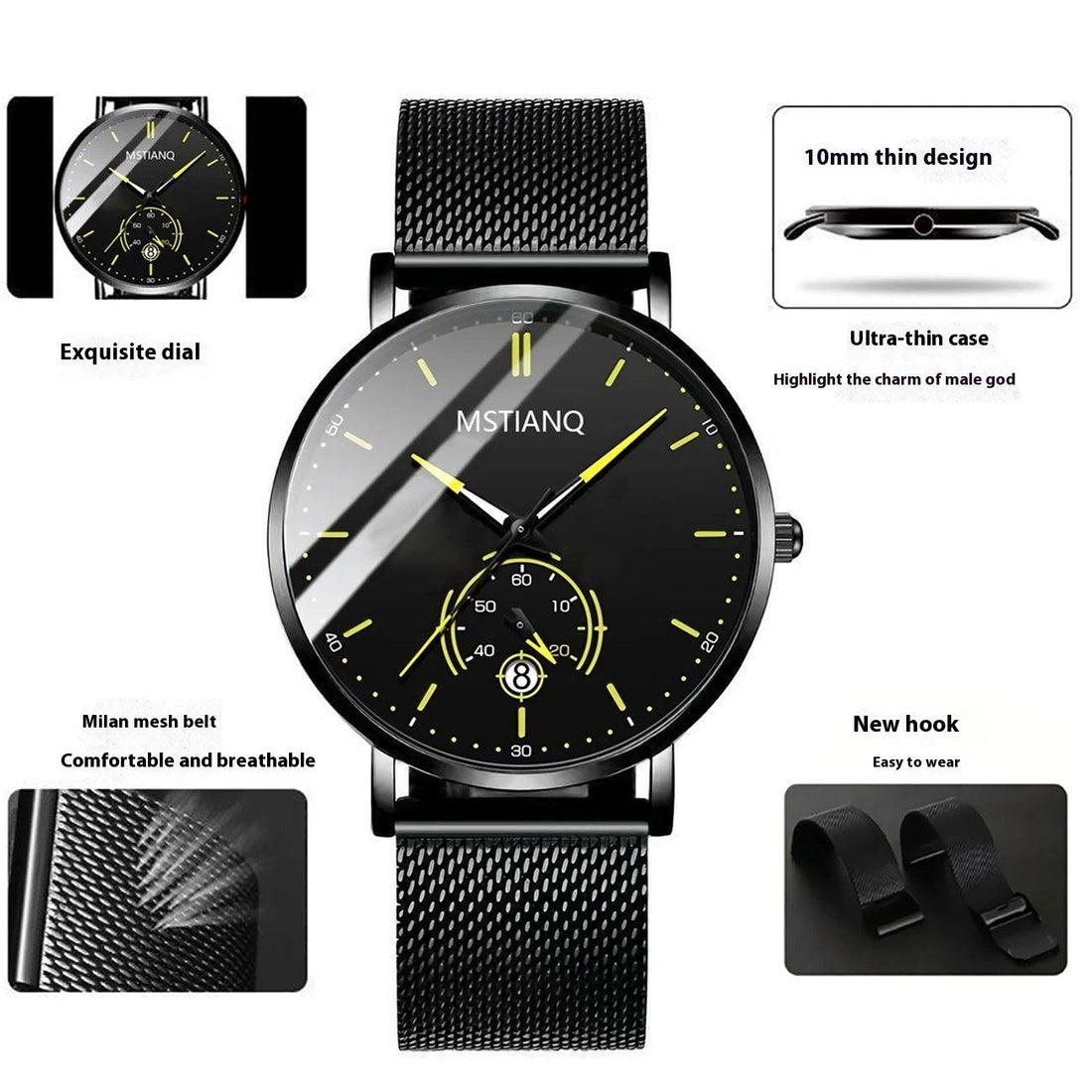Stylish Black Technology Belt Refined Steel Casual Calendar Watch