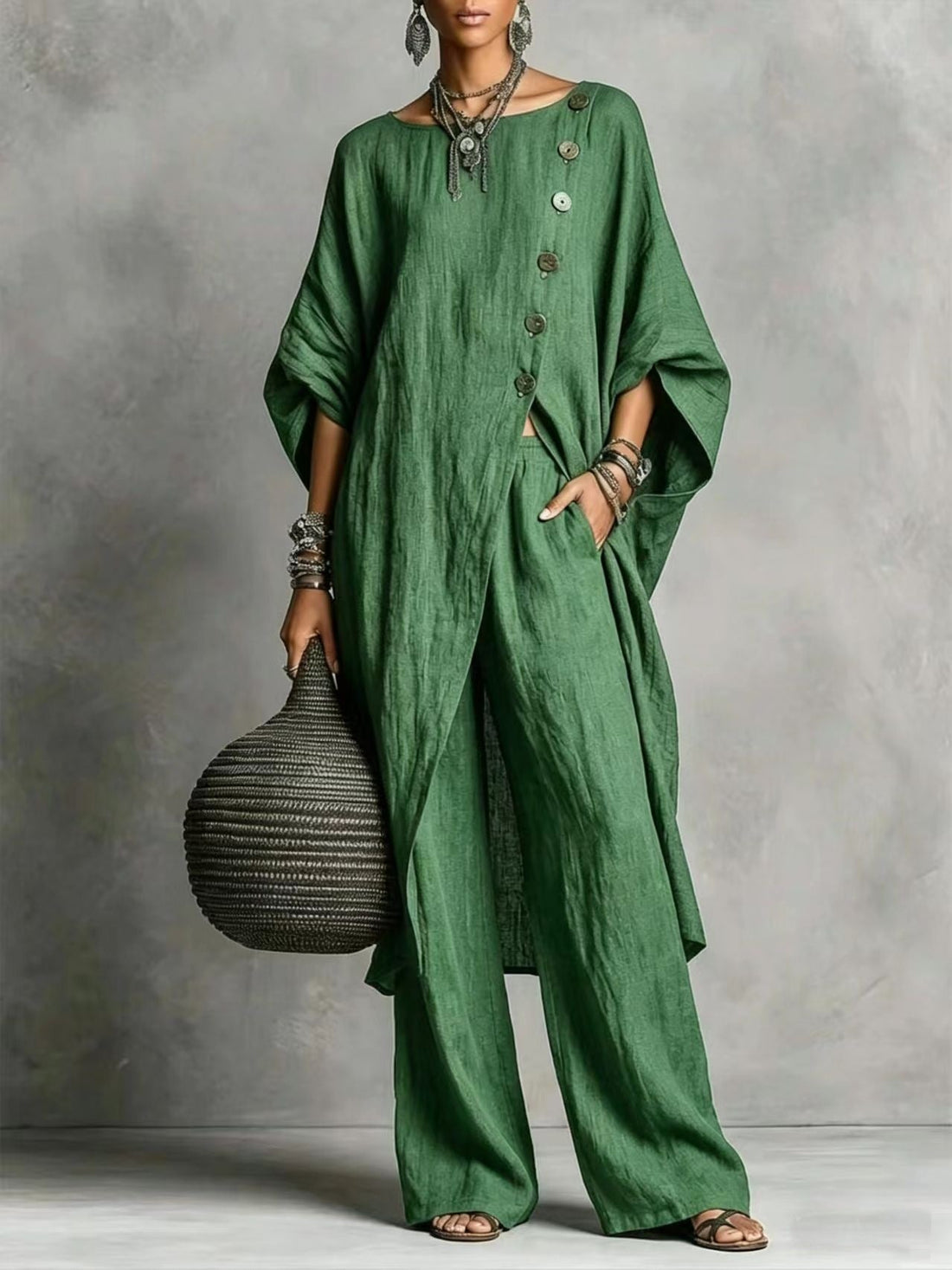 Women's Drop Shoulder Three-Quarter Sleeve Irregular Shirt & Pants Set