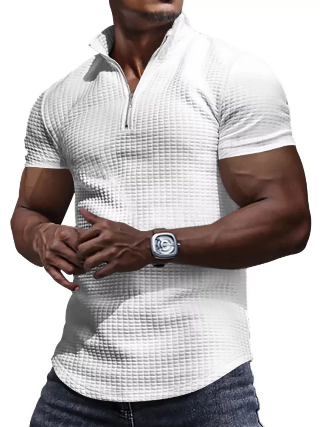 Men's Full Size Textured Short Sleeve Zipper Polo Plus Size