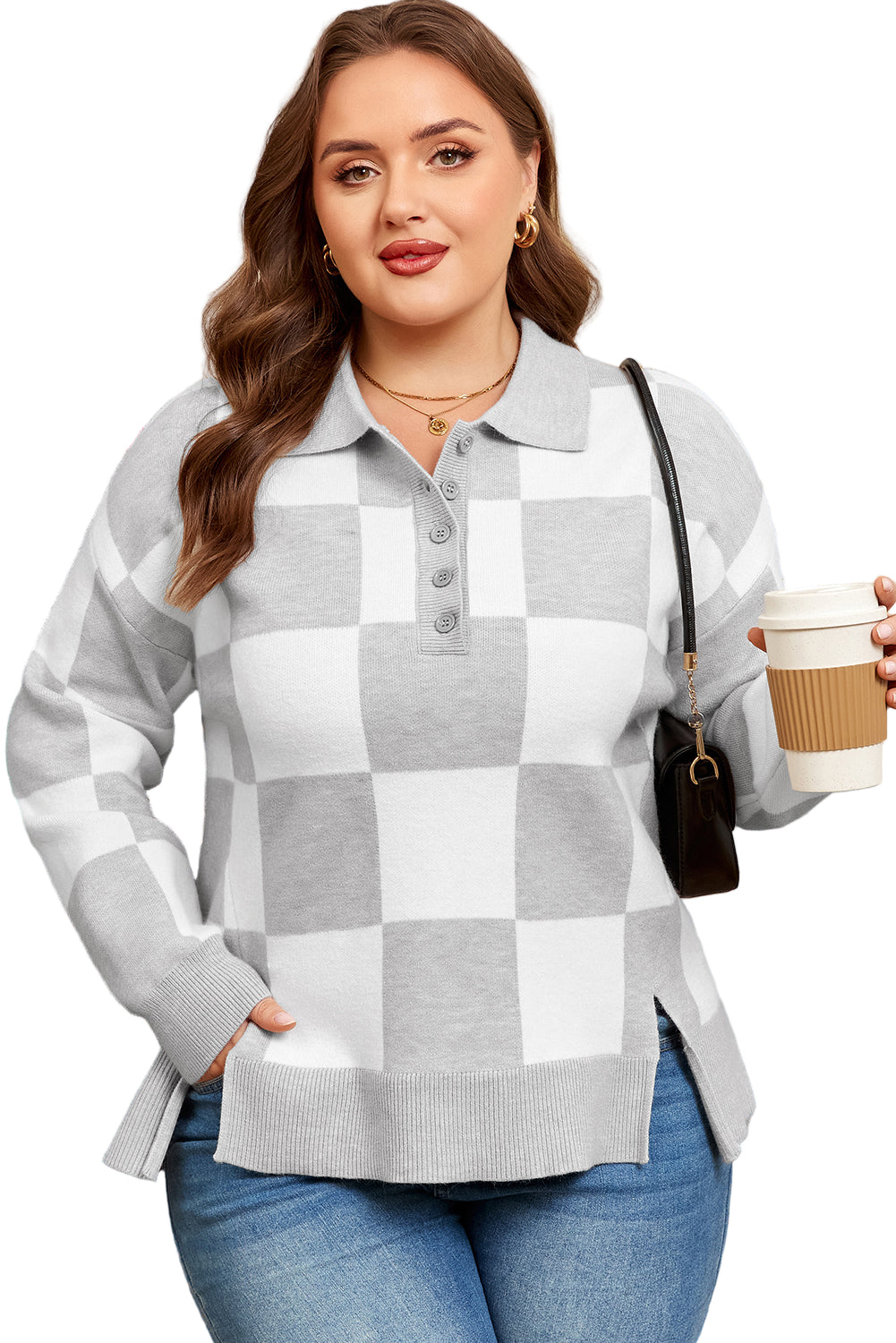 Women's Gray Plus Size Checkered Pattern Button Polo Collar Split Sweater