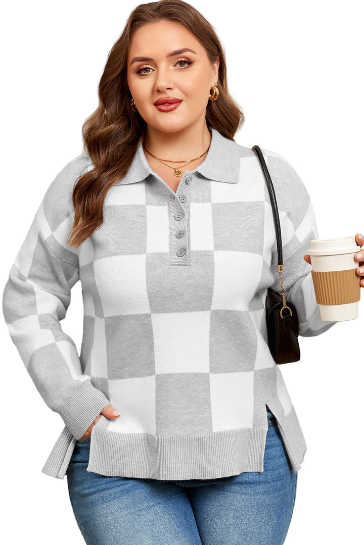 Women's Gray Plus Size Checkered Pattern Button Polo Collar Split Sweater