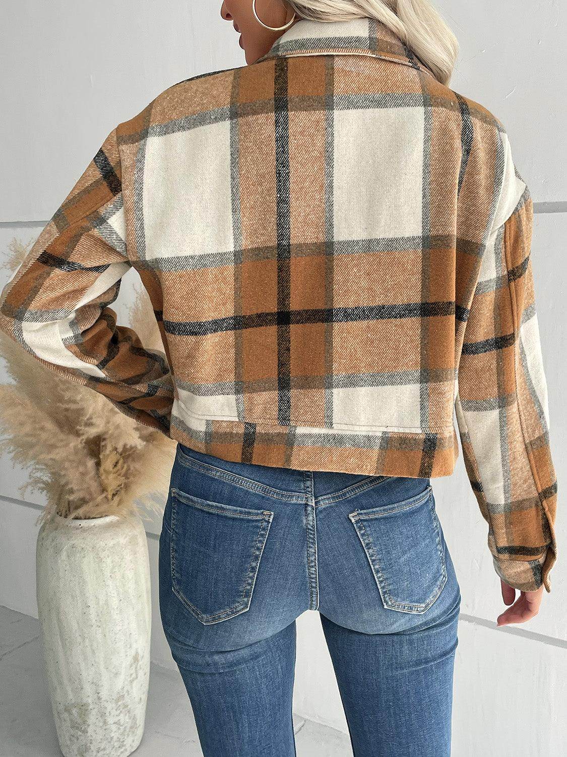 Perfee Plaid Button Up Drop Shoulder Cropped Jacket for Women