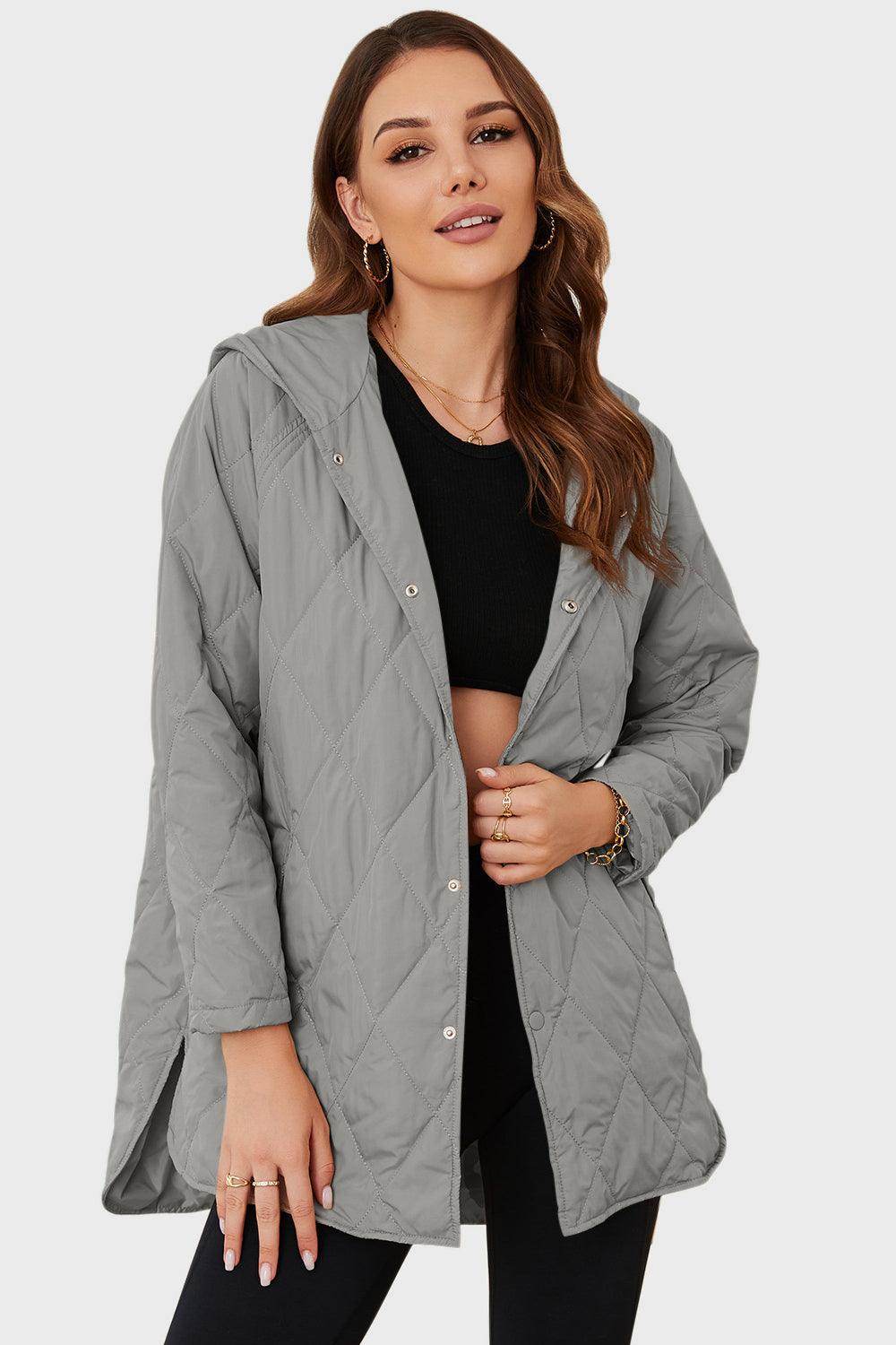 Snap Down Hooded Slit Winter Coat for Stylish Warmth